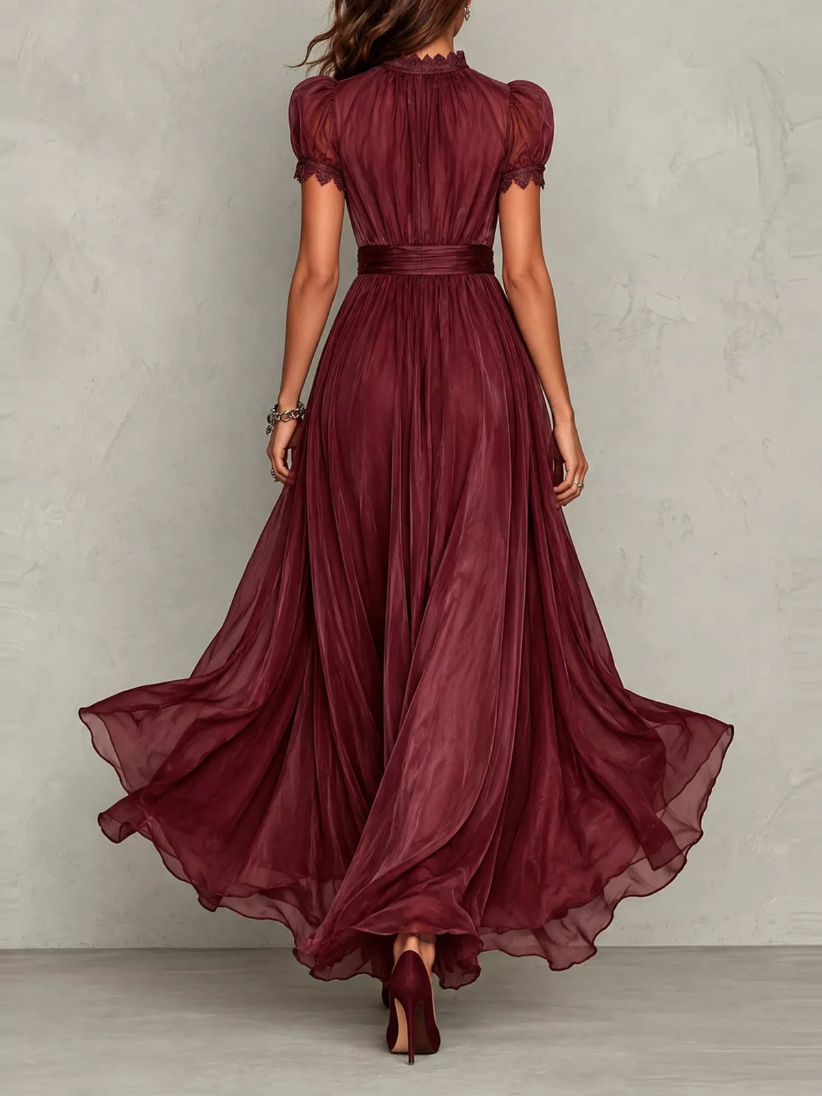 Lace Puff Sleeve Maxi Dress in burgundy, back view
