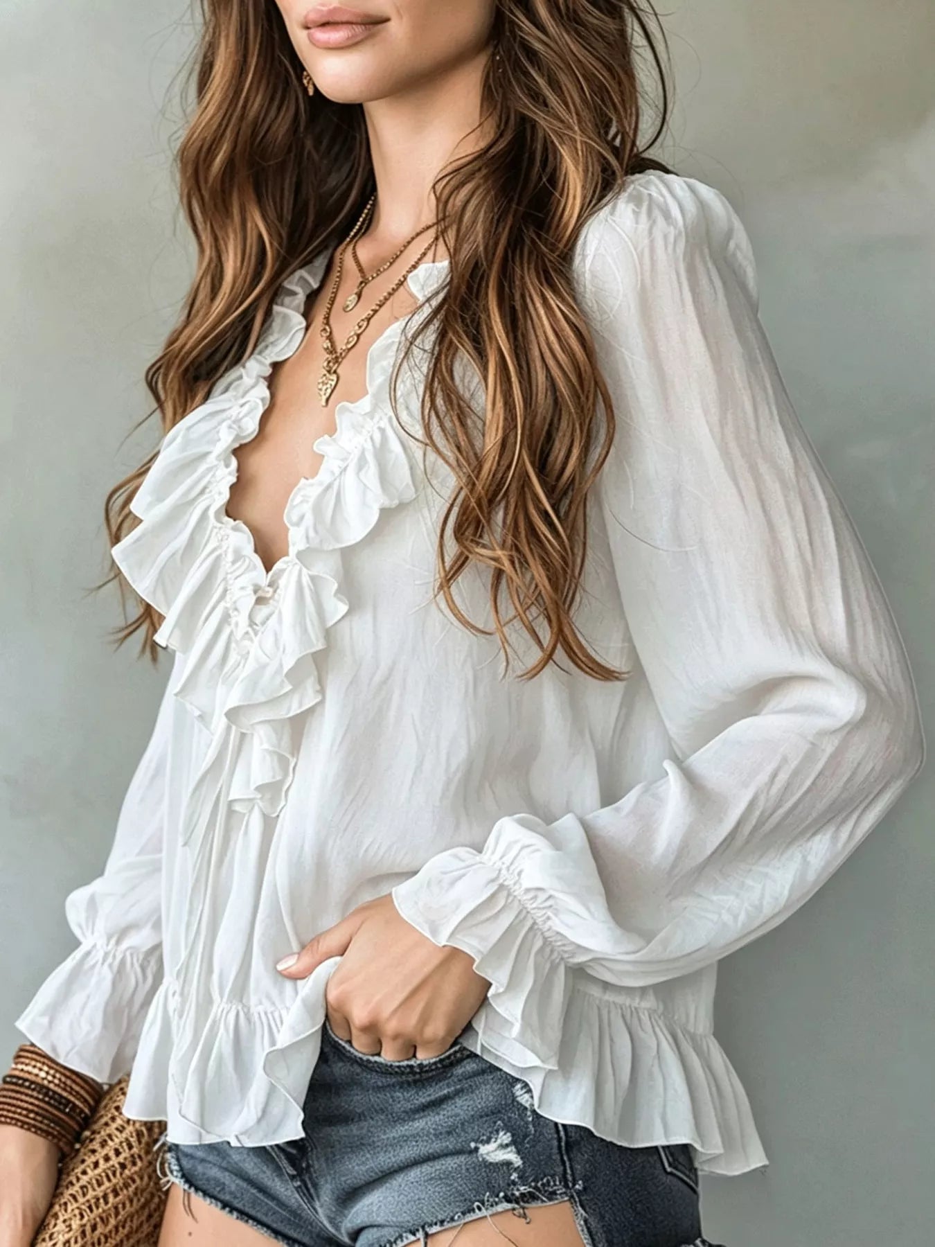 Trendsi Ruffle V-Neck Long Sleeve Blouse -