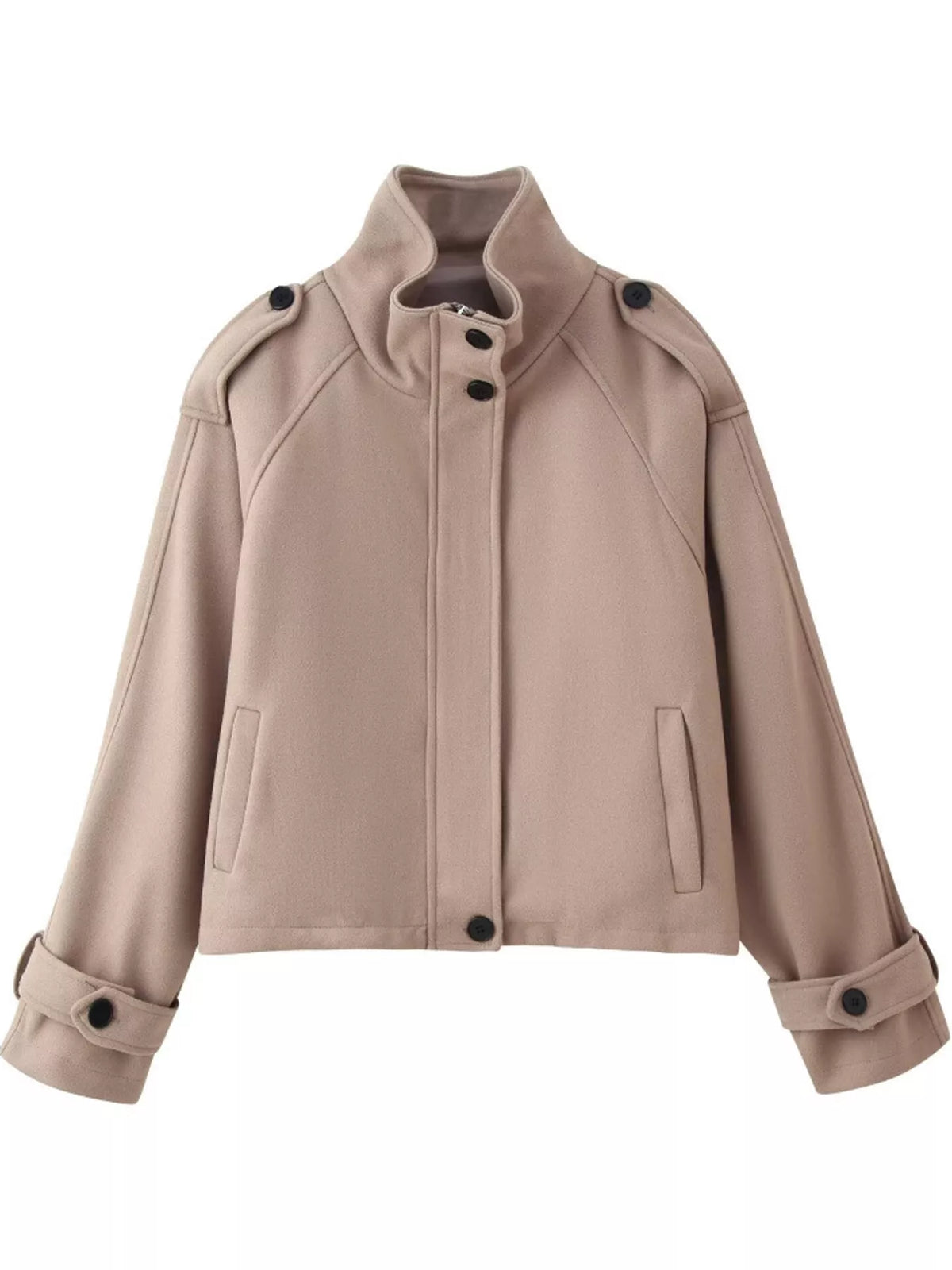 Taupe zip-up stand-collar jacket — front view