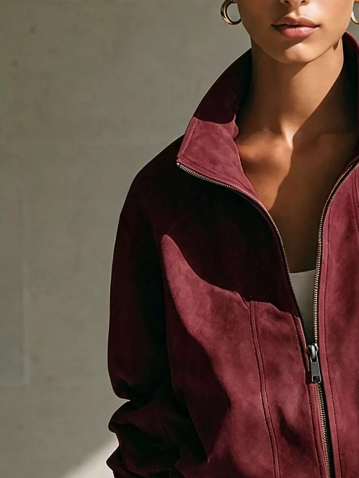 Faux Suede Zip-Up Stand Collar Cropped Jacket, collar detail