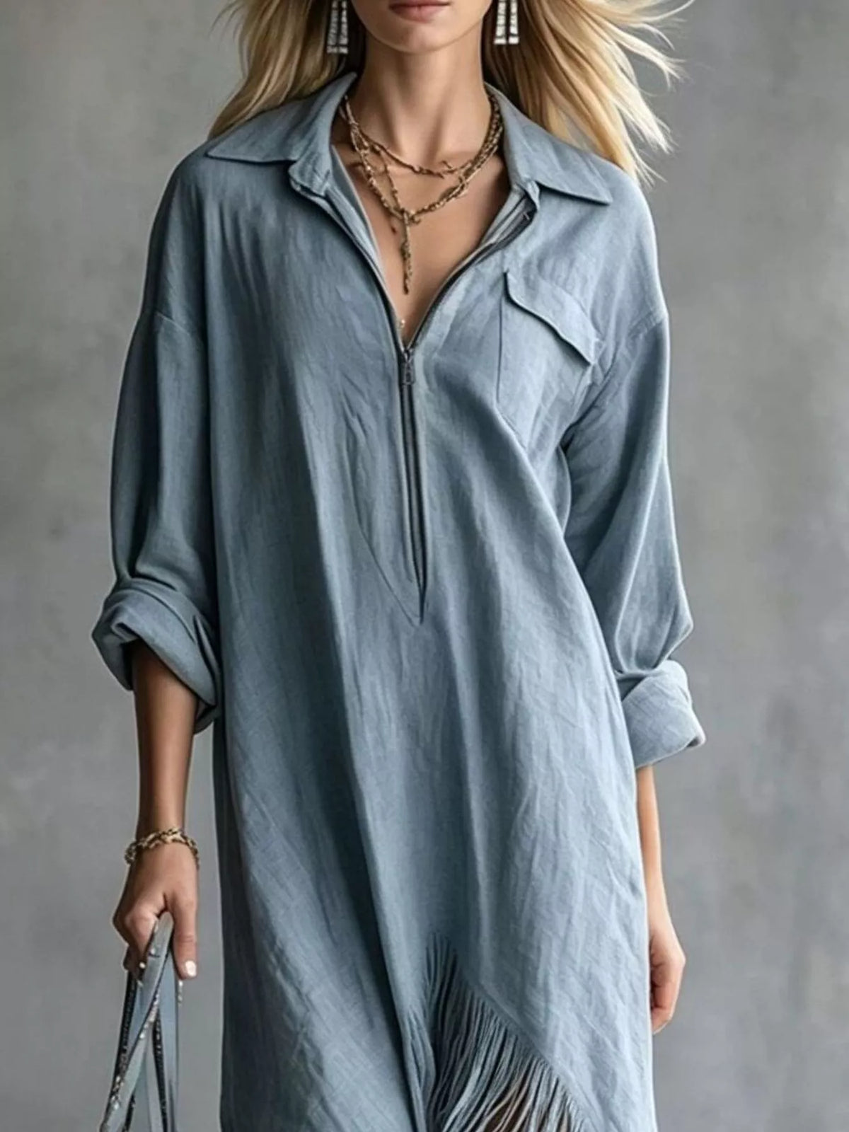 Zipper-Front Fringe Hem Midi Dress in blue, bodice detail