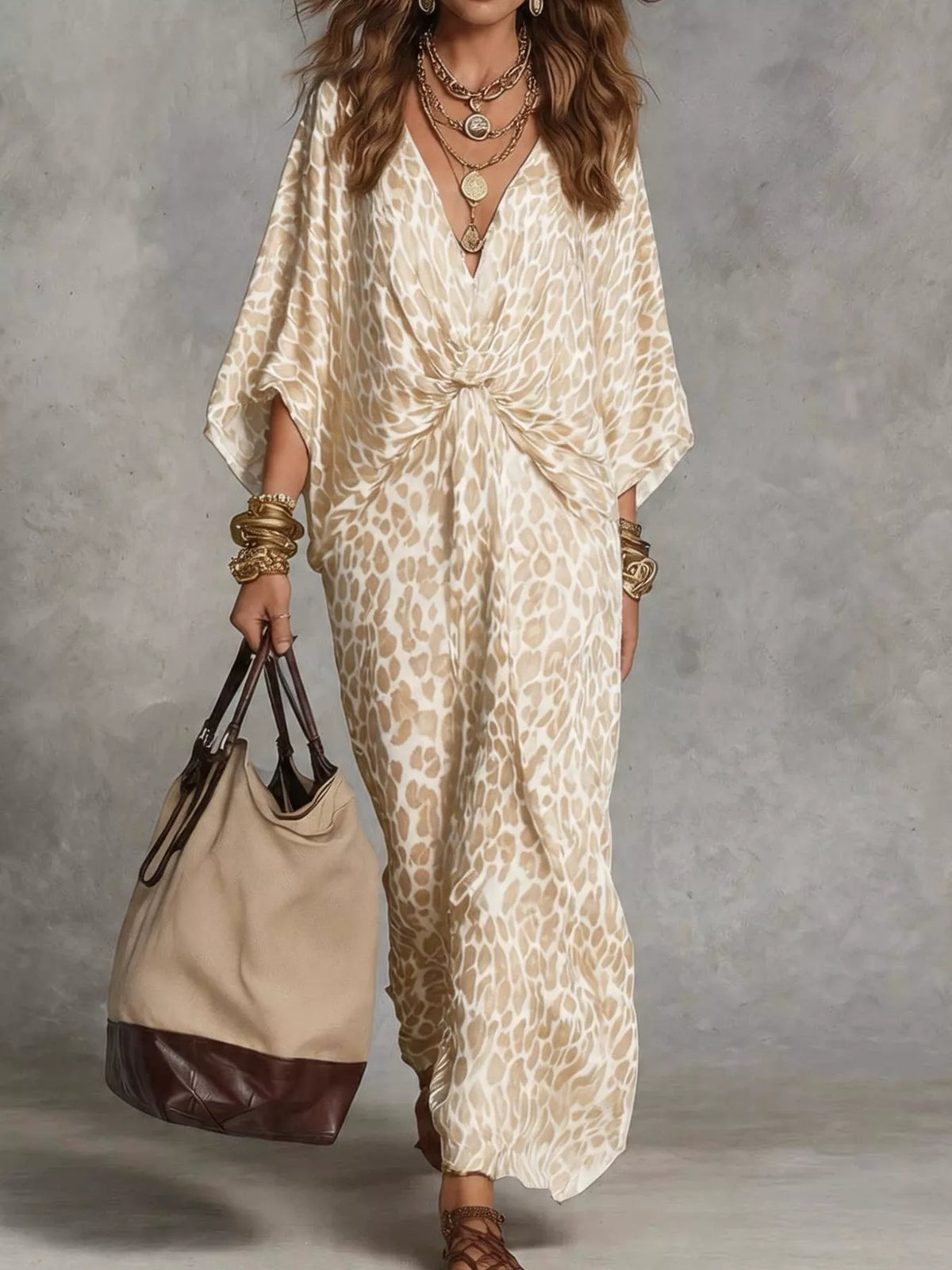 Beige Leopard Print Twisted V-Neck Maxi Dress front view