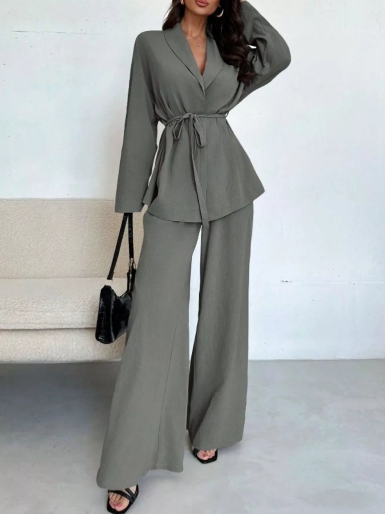 Trendsi Textured Tie Waist Top and Wide-Leg Pants Set -