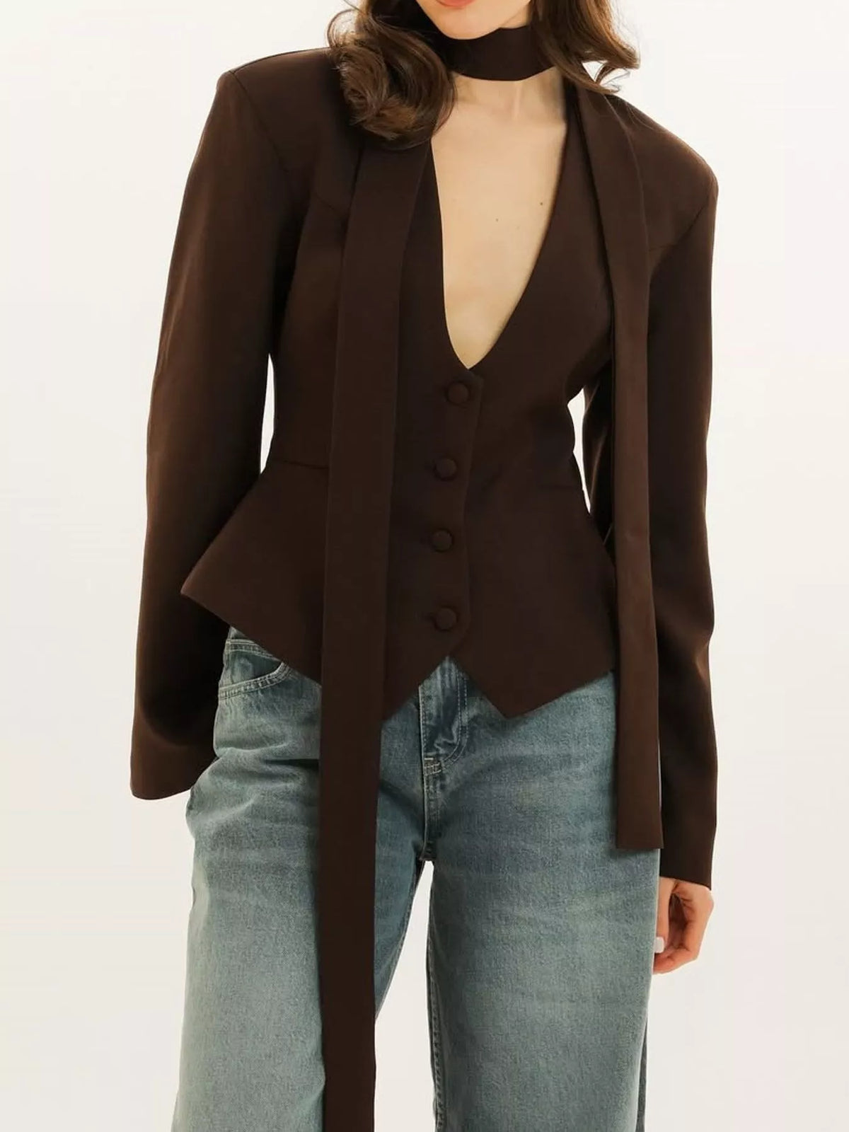 long sleeve blazer, front view on model