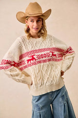 Trendsi BiBi Christmas Theme Patterned Cable Knit Sweater -