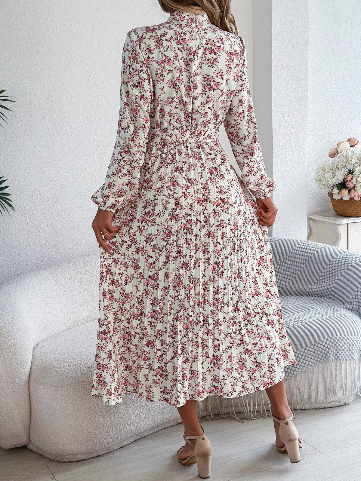 White floral print long sleeve midi dress, back view