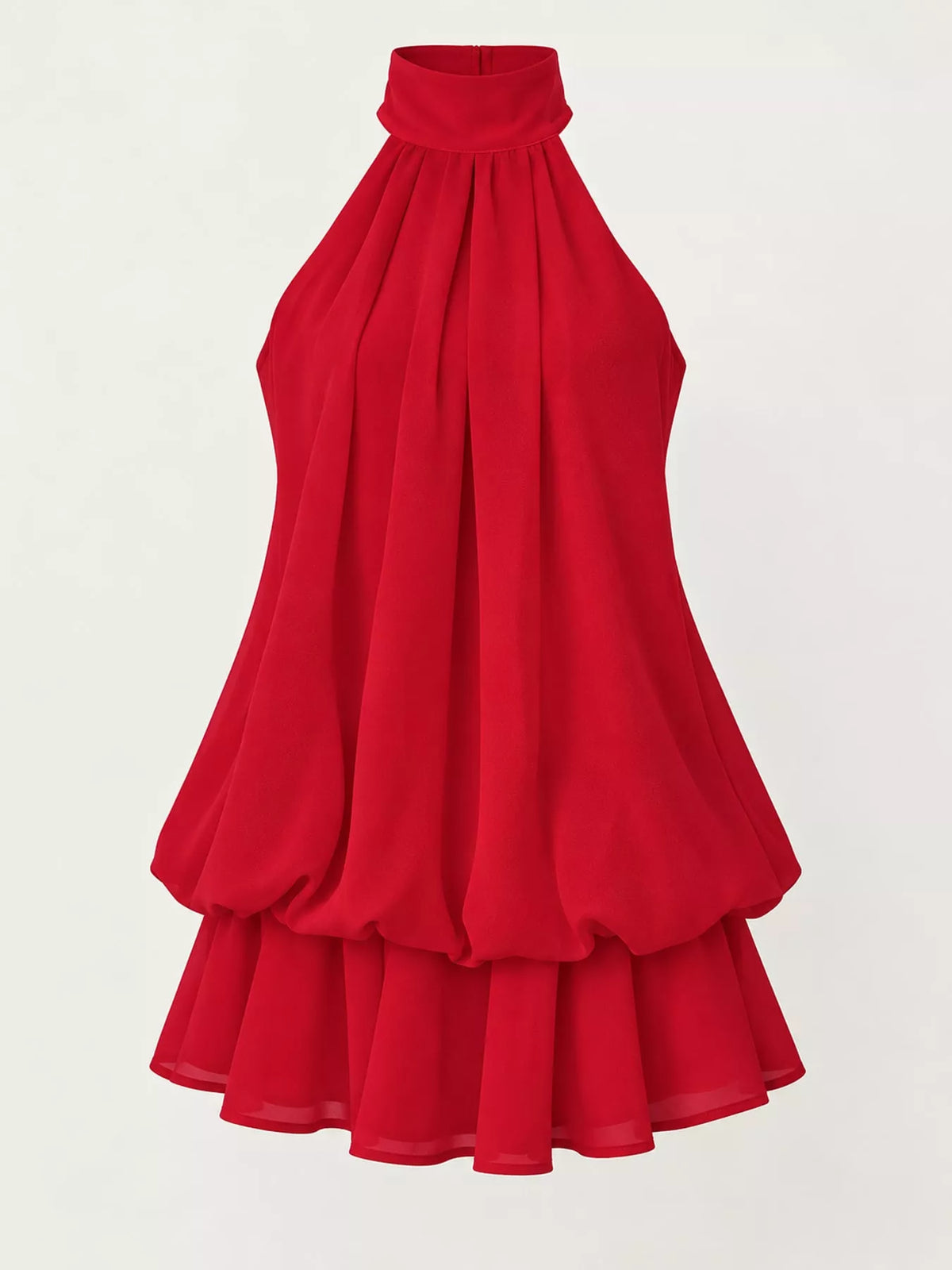 Red halter neck layered mini dress, front product view