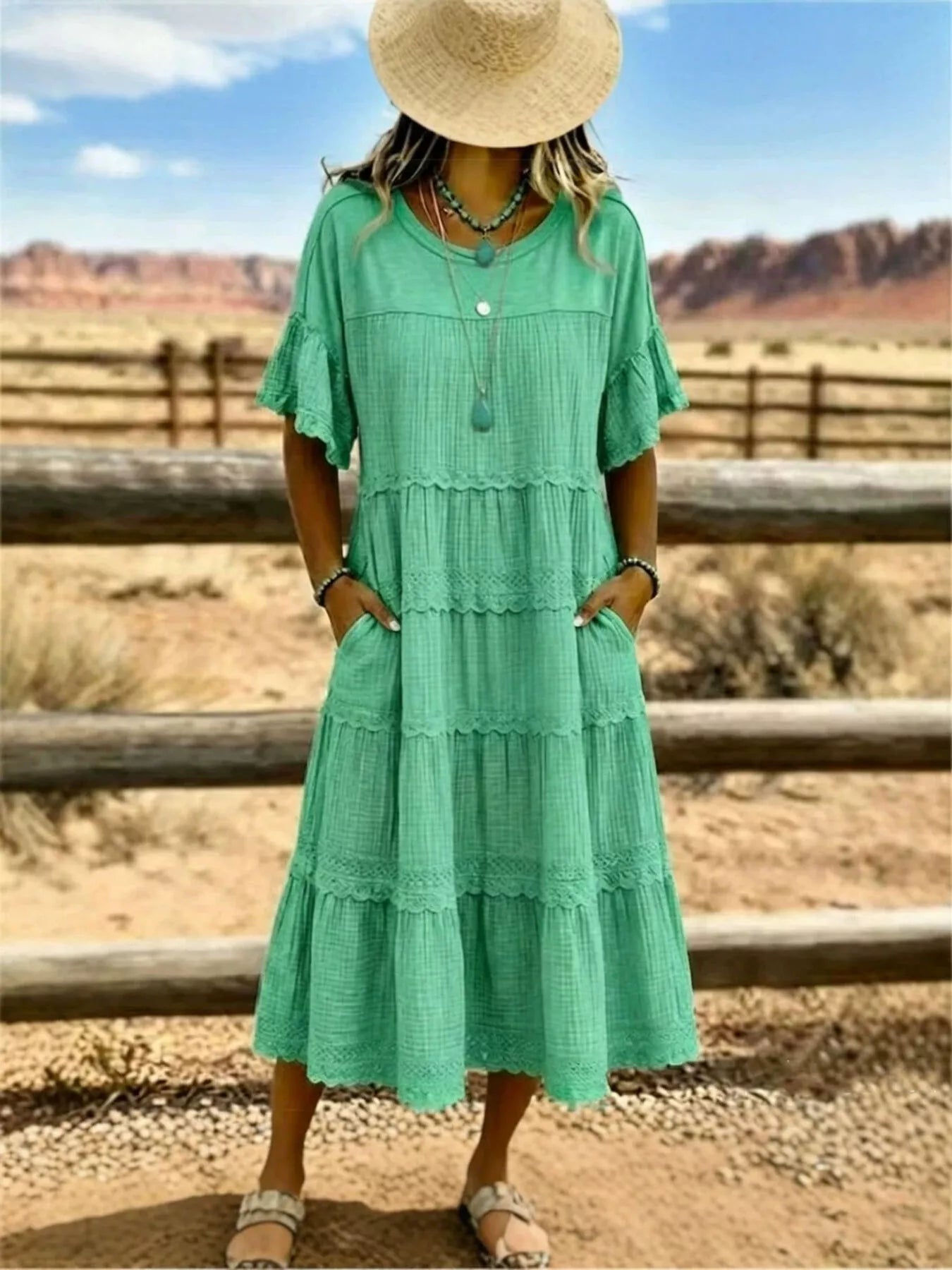 Trendsi Full Size Tiered Ruffle Sleeve Midi Dress with Pockets Plus Size -