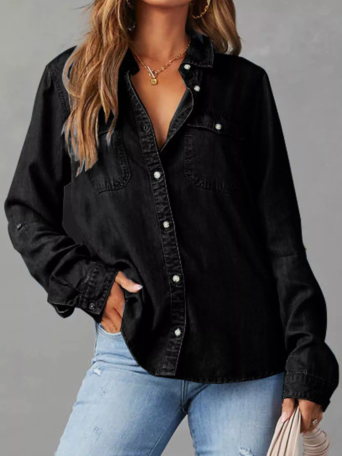Black button-down denim shirt