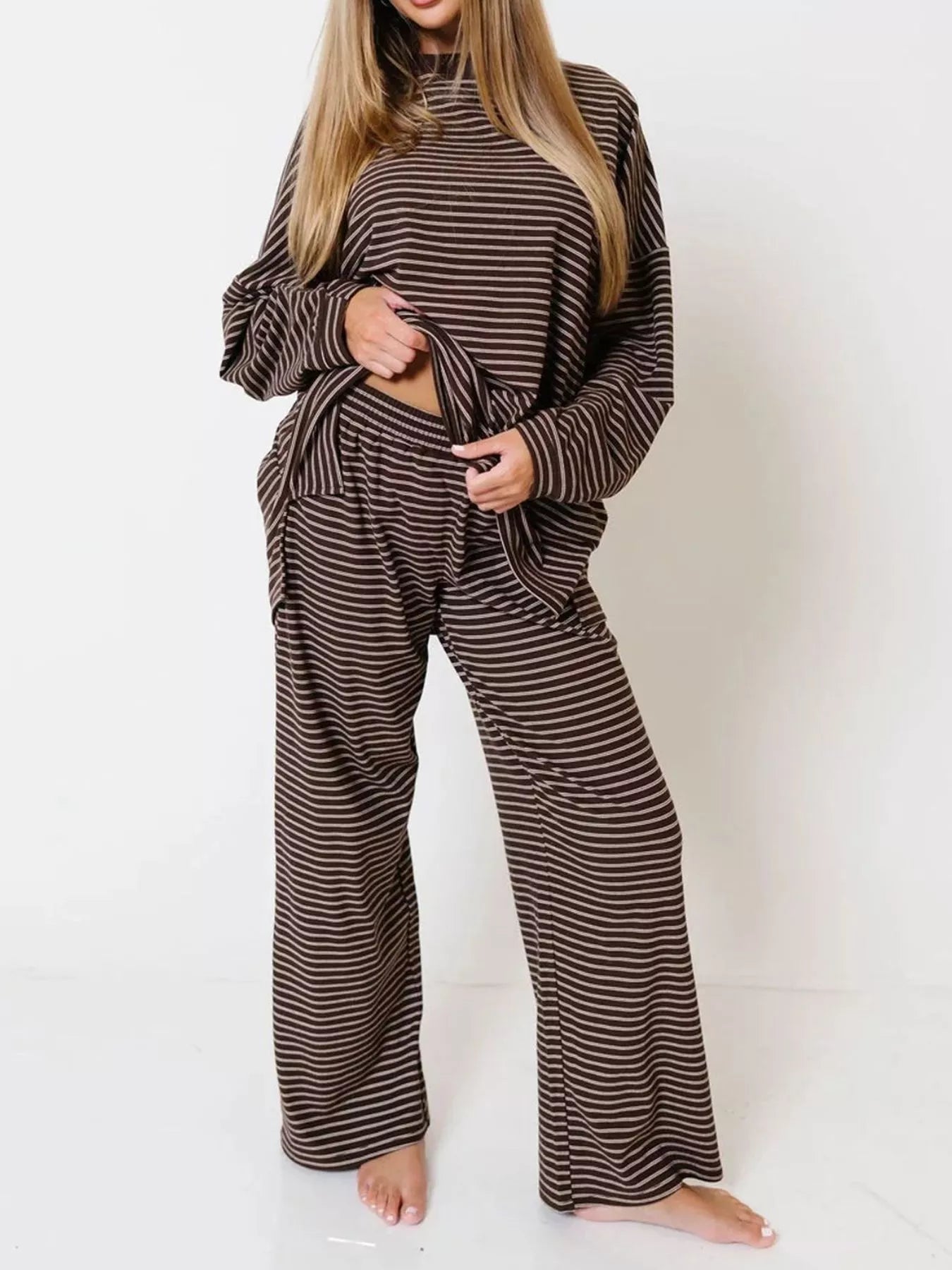 Trendsi Striped Long Sleeve Top and Wide Leg Pants Set -