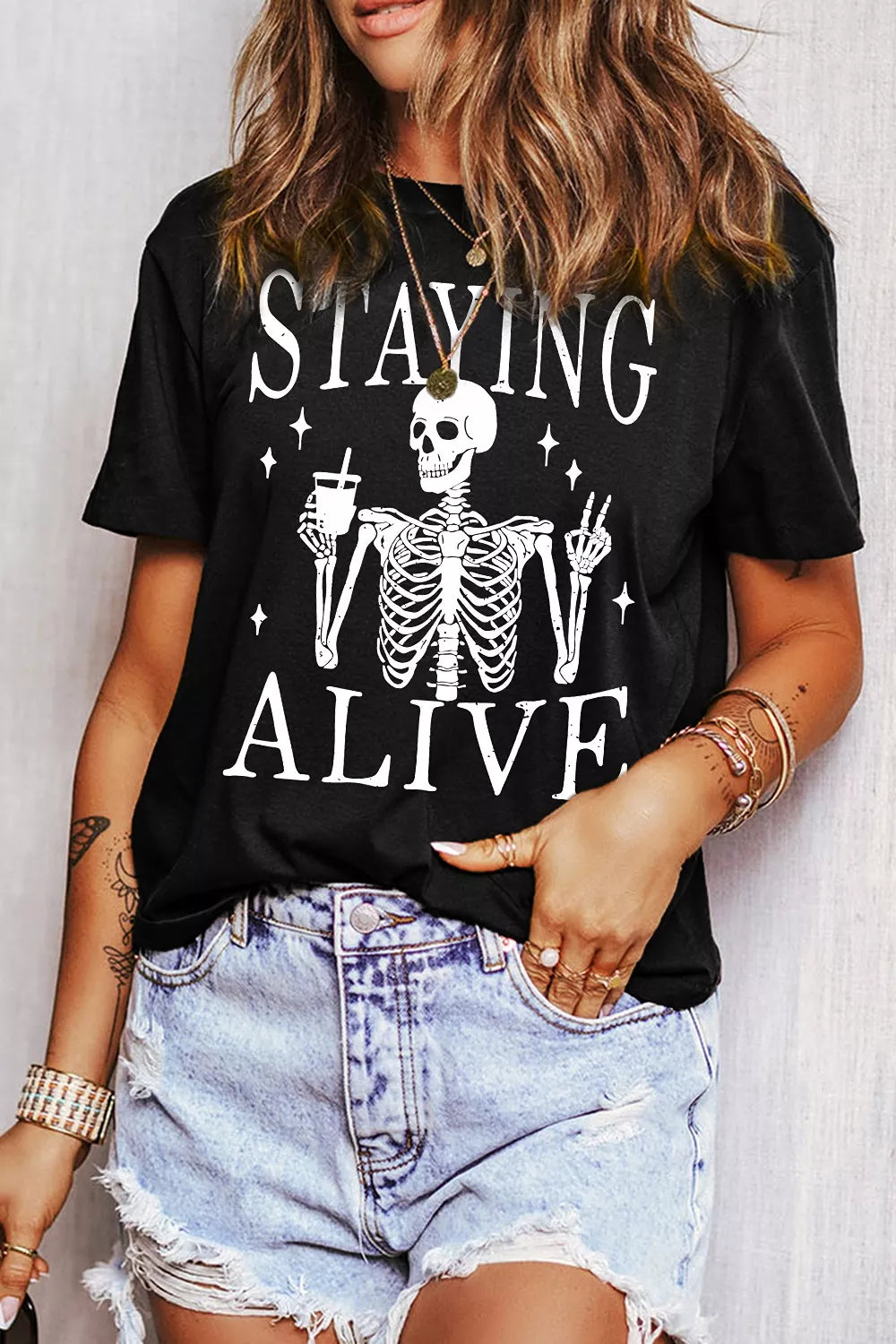 Trendsi STAYING ALIVE Funny Skeleton Graphic Round Neck T Shirt -