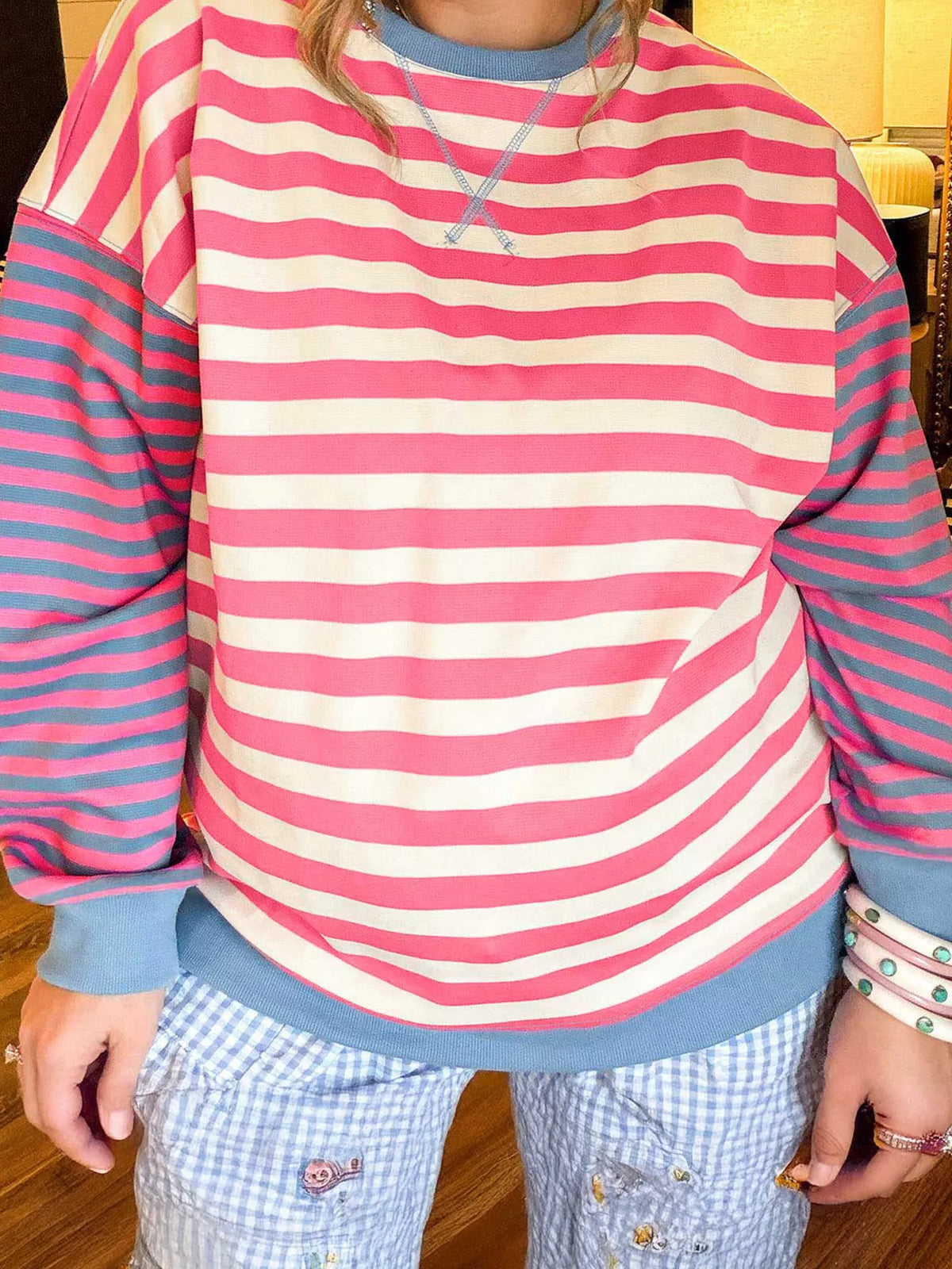 Pink white and blue striped crewneck tunic sweatshirt