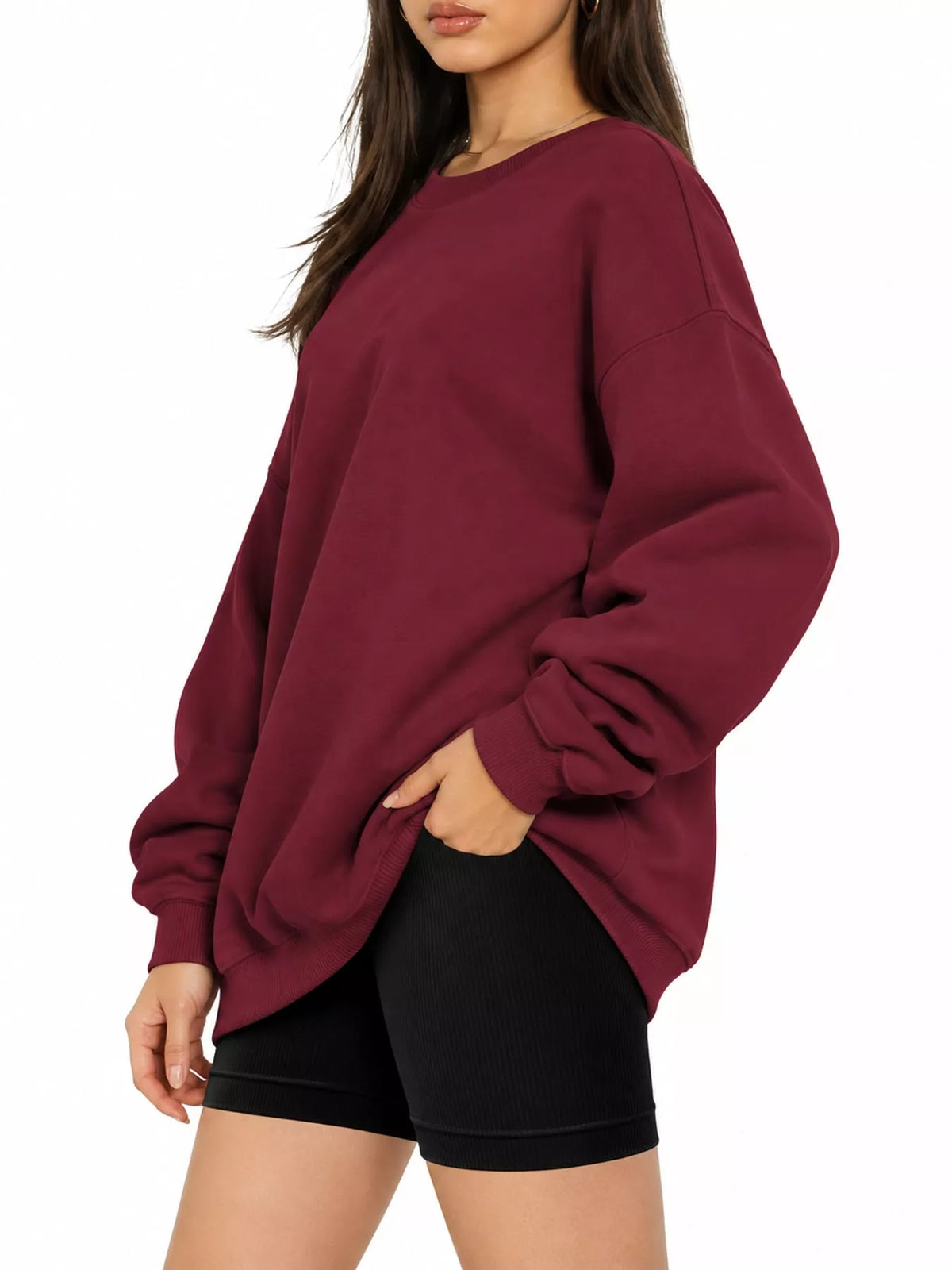 Ribbed Trim Crew Neck Sweatshirt in burgundy, side view