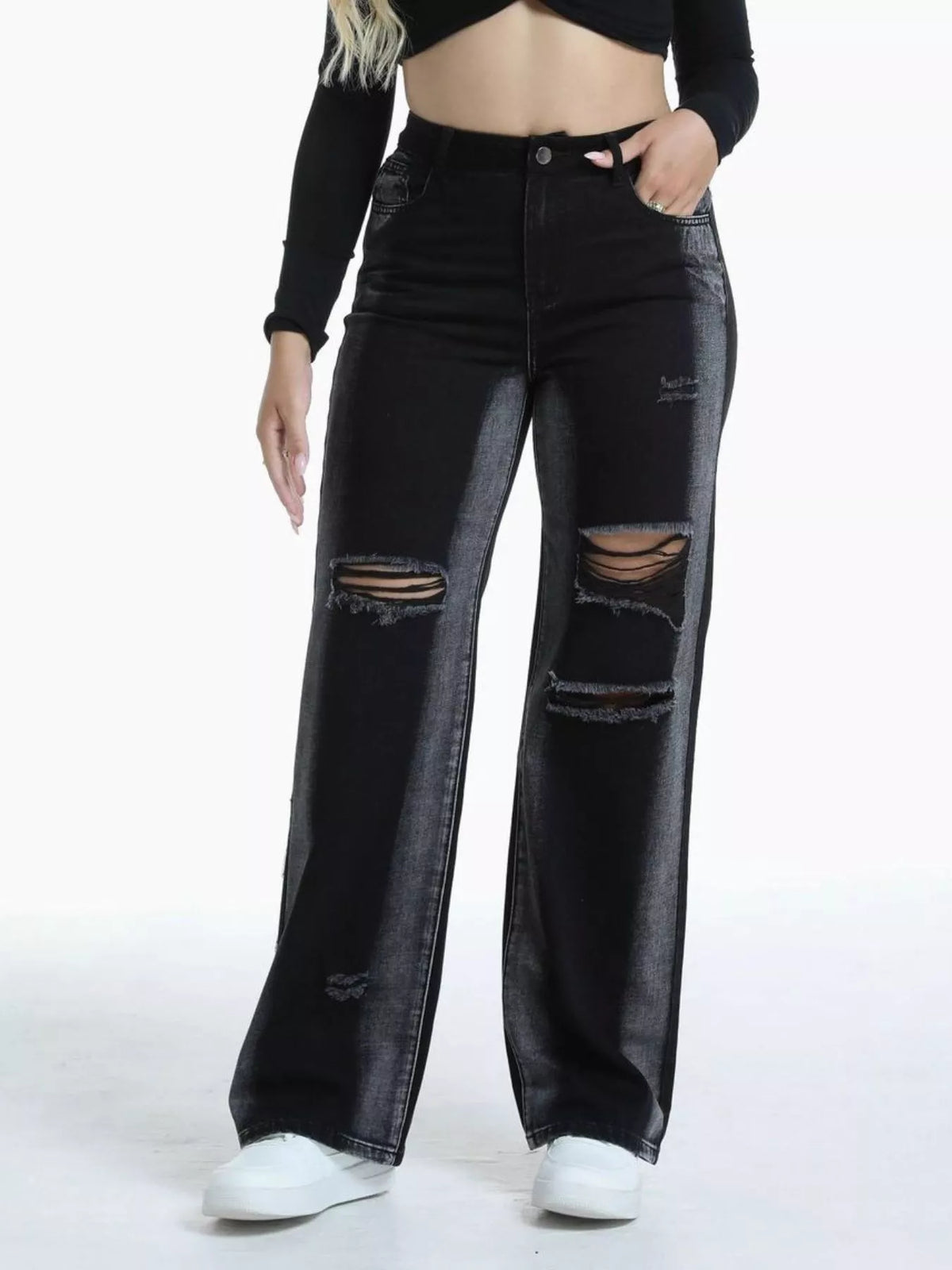 Contrast Panel Ripped Wide-Leg Jeans in black, front view