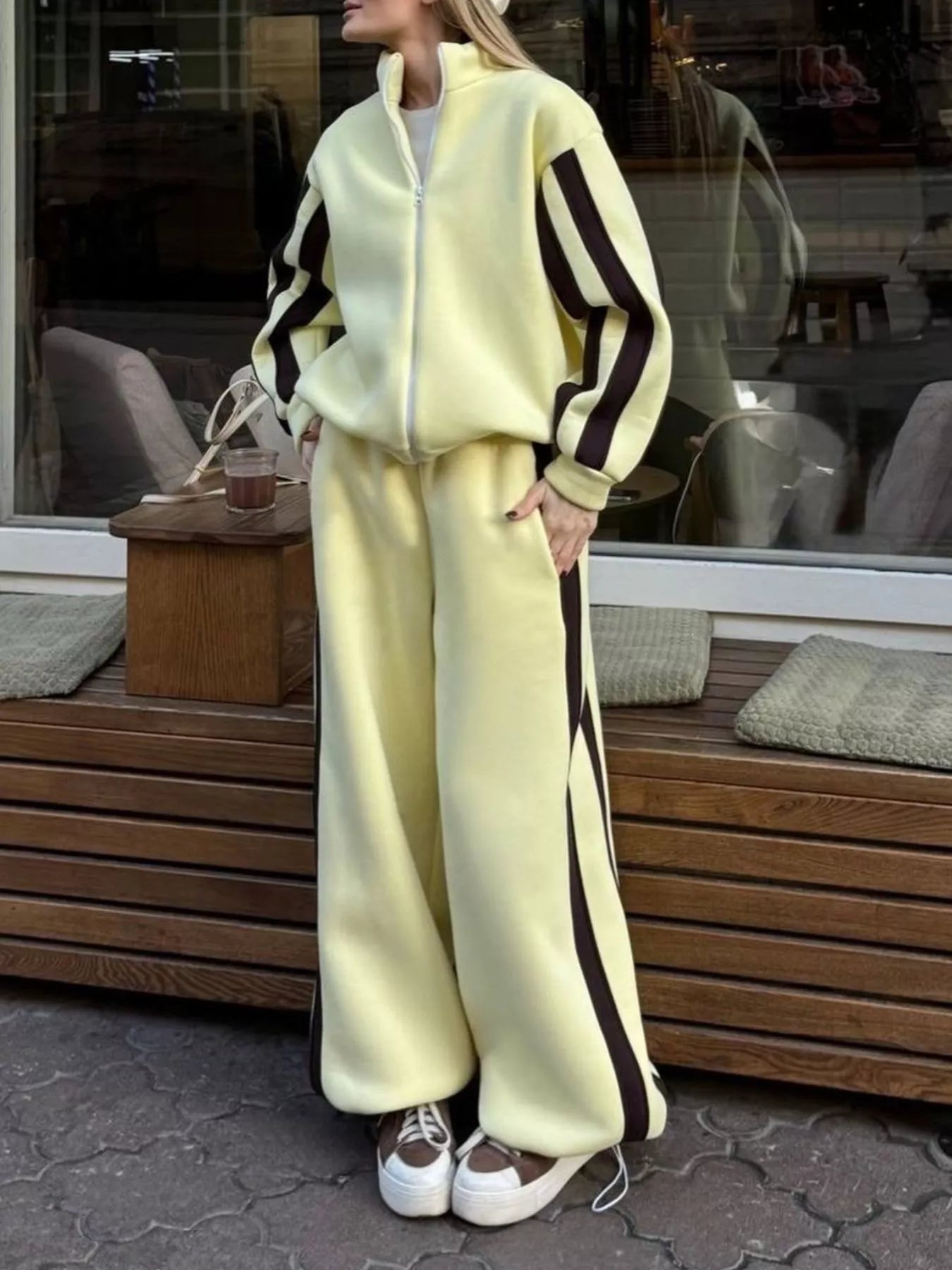 Trendsi Contrast Striped Zip Up Top and Pants Set -