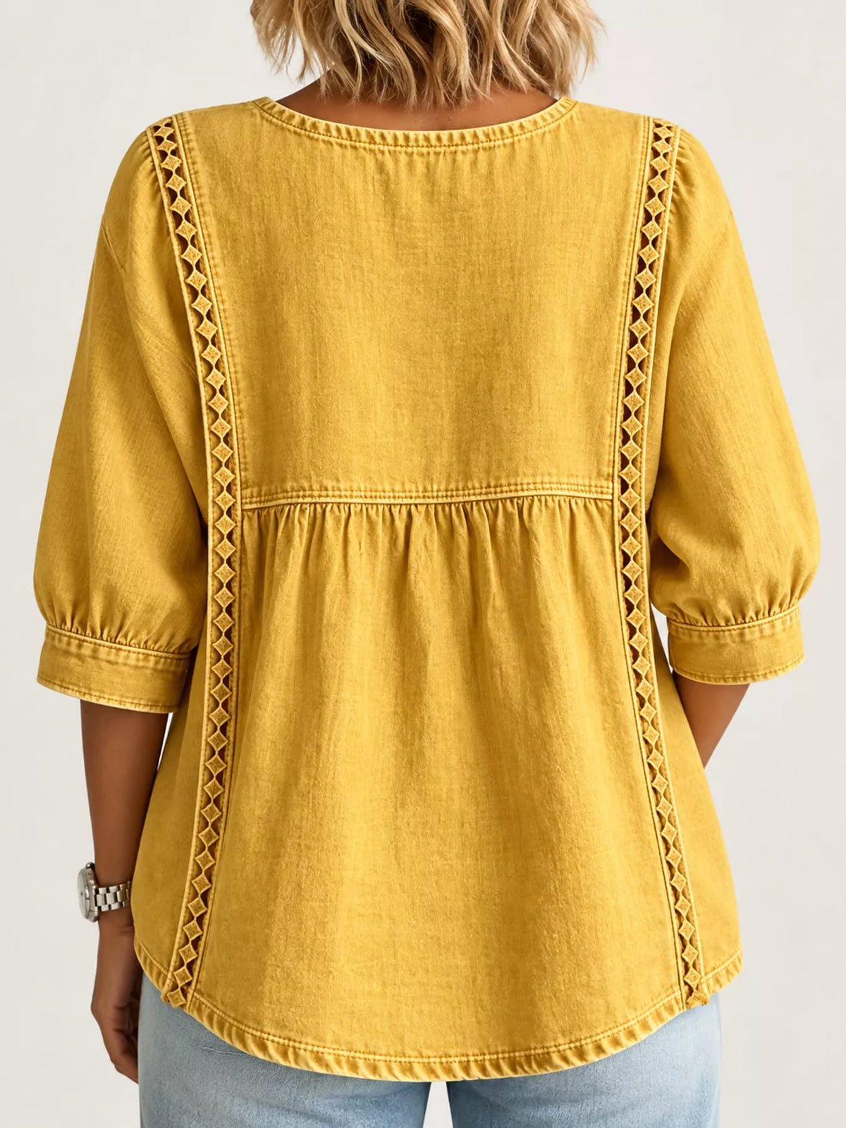Yellow square neck embroidered denim blouse, back view