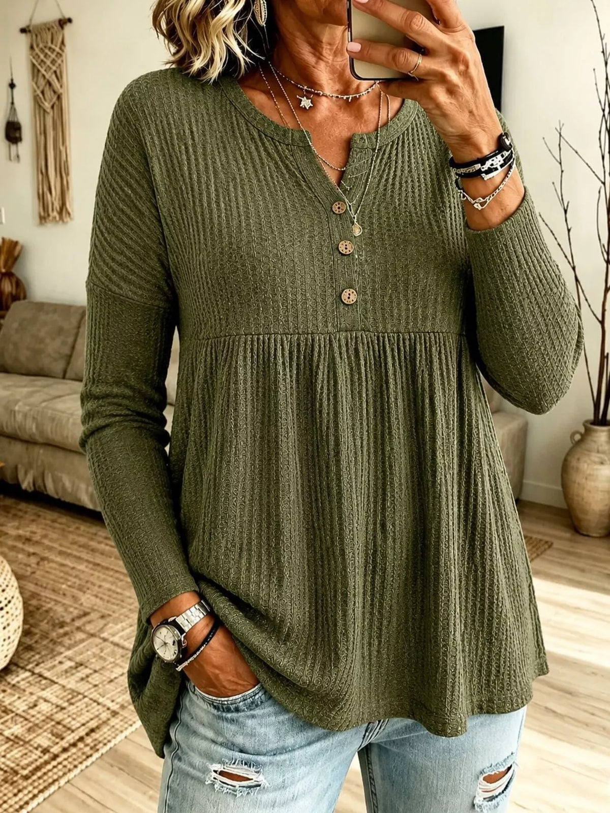 Button Detail Knitted Top in green, front view