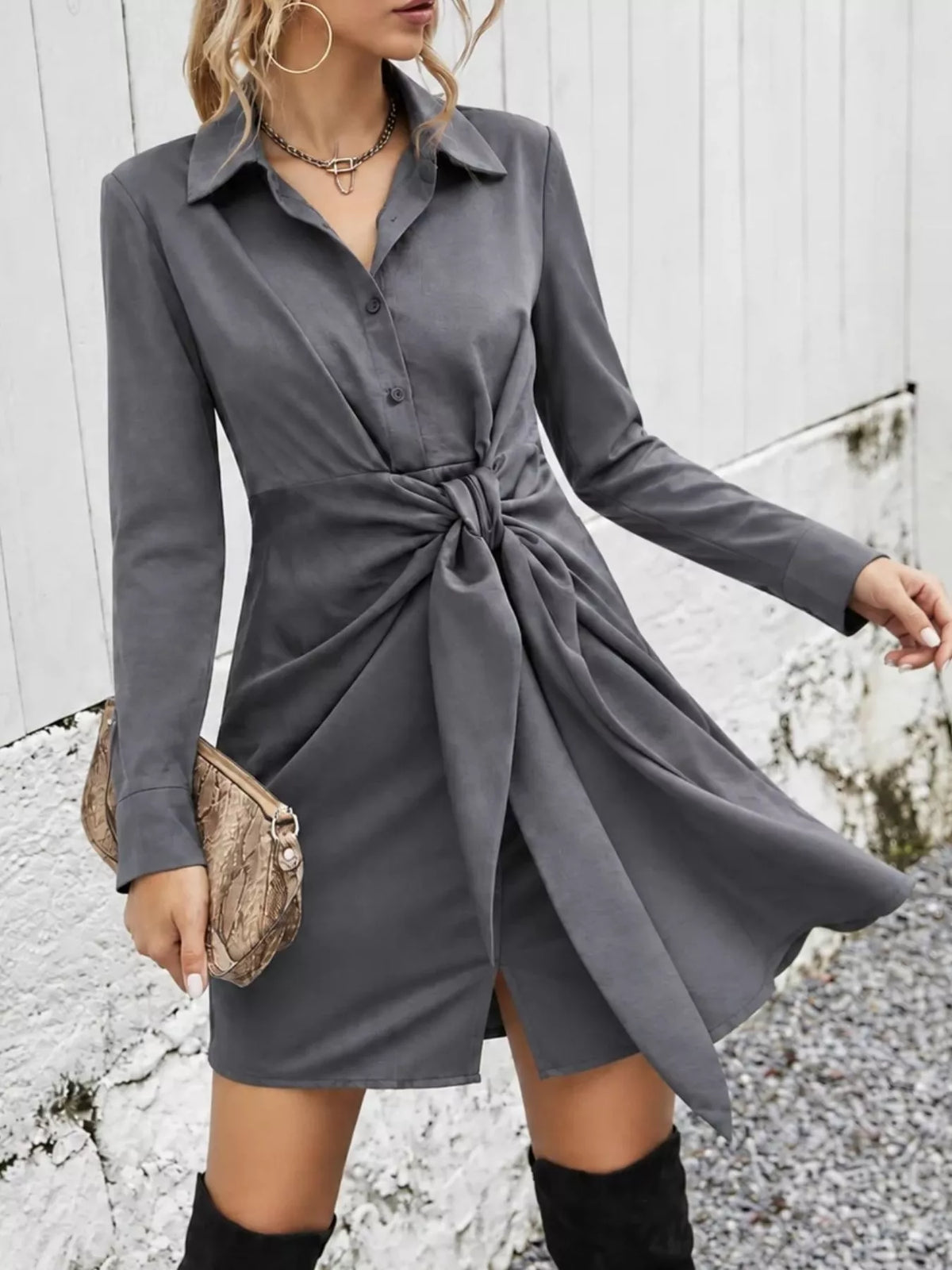 Women's Front-Tie Long Sleeve Shirt Dress in gray — front view