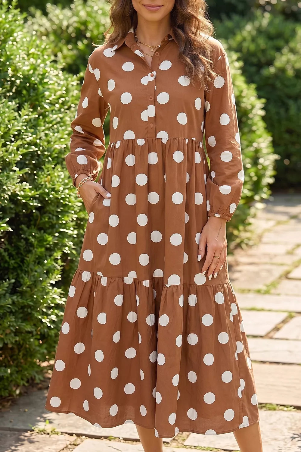 Trendsi Polka Dot Button Front Long Sleeve Shift Dress -