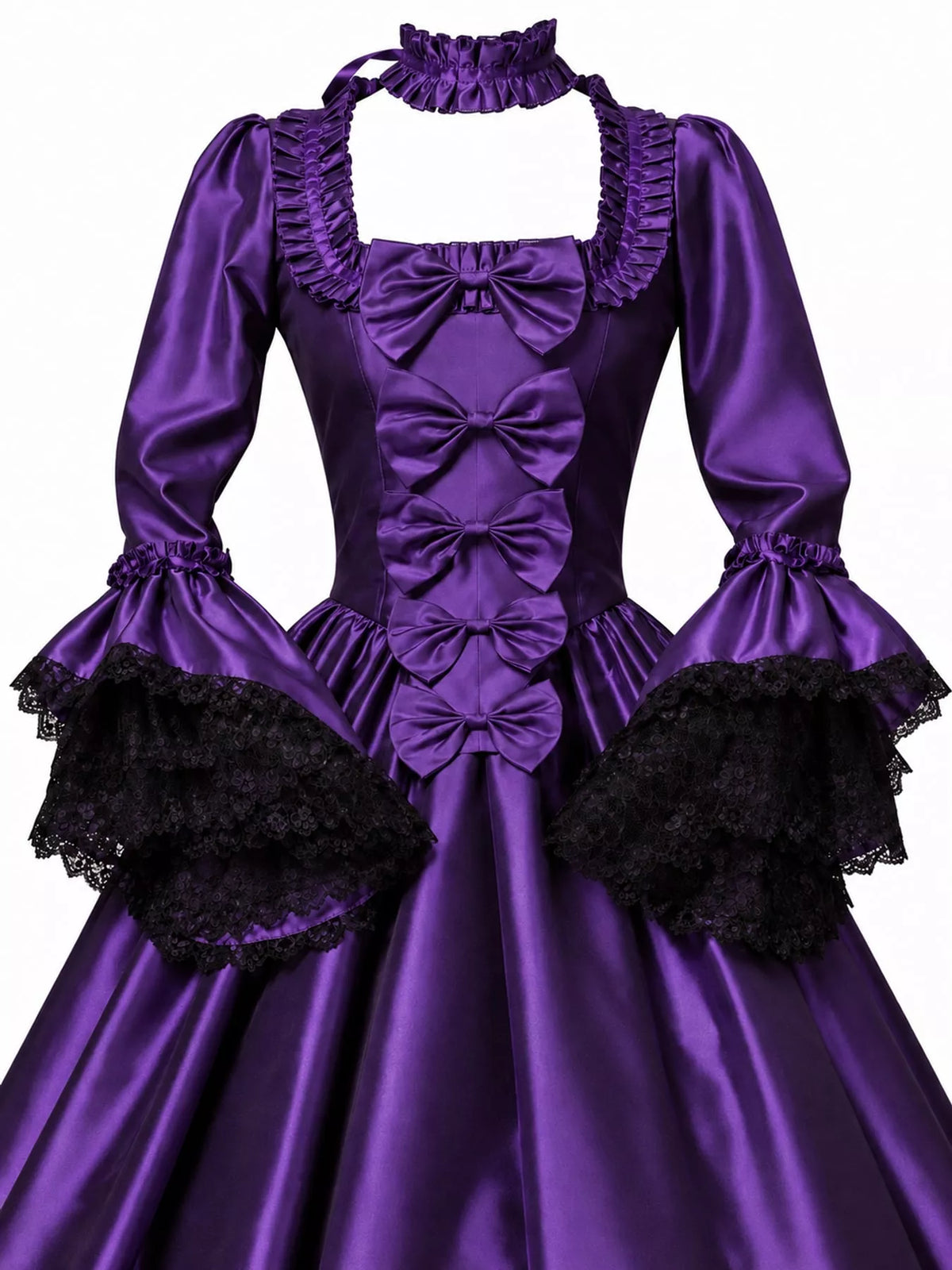 Victorian Gothic Satin Ball Gown Dress with Bow Accents, detail view in purple