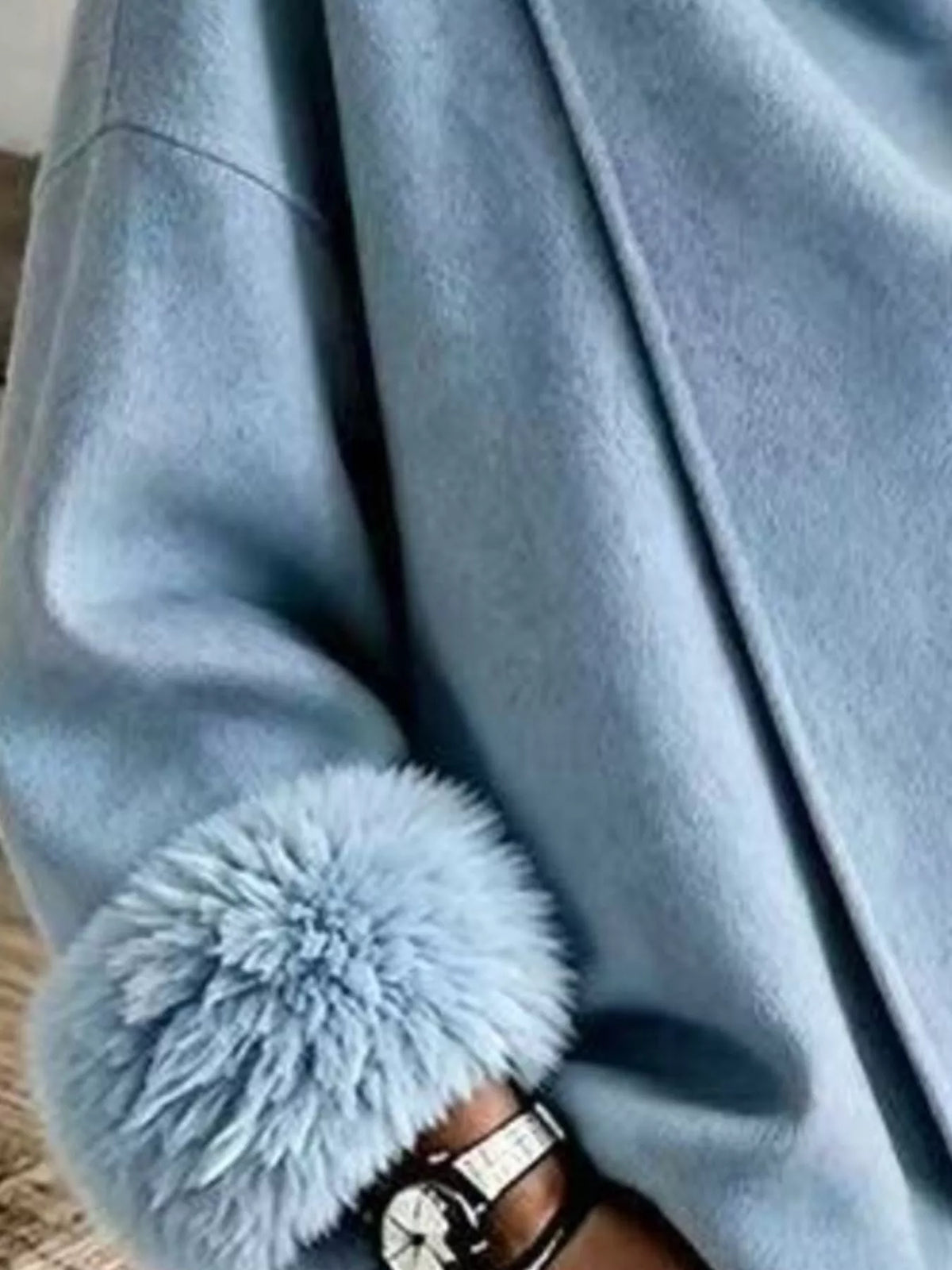 Asymmetric Buttoned Jacket with Faux Fur Cuffs, cuff detail