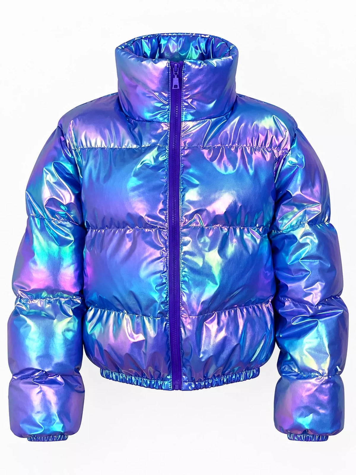 Glossy Stand-Collar Zip-Up Puffer Jacket — garment front