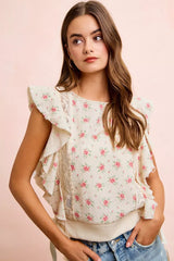Trendsi BiBi Flower Printed Ruffle Sleeve Trim Detail Top -