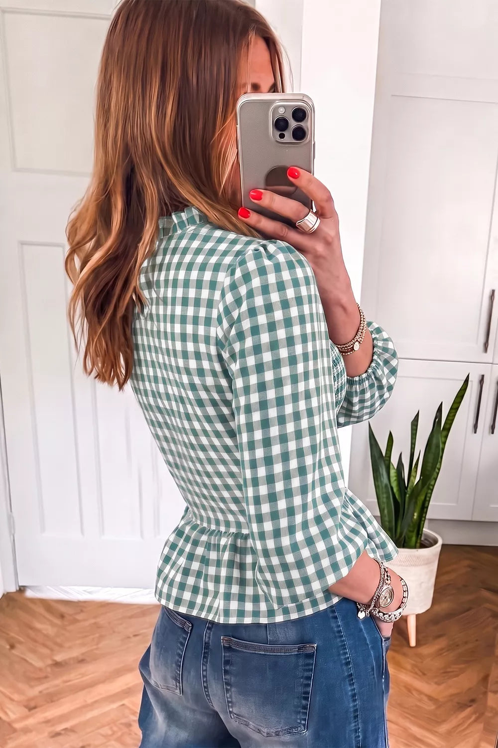 Trendsi 3/4 Sleeve Shirred Plaid Peplum Top -
