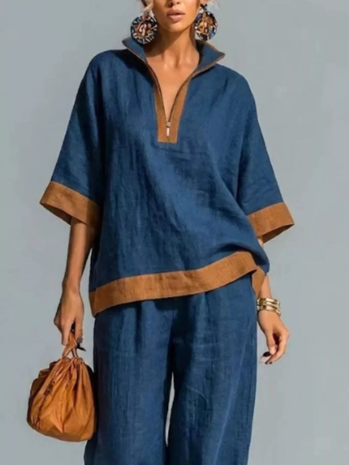 Trendsi Full Size Contrast Trim Top and Wide Leg Pants Set Plus Size -