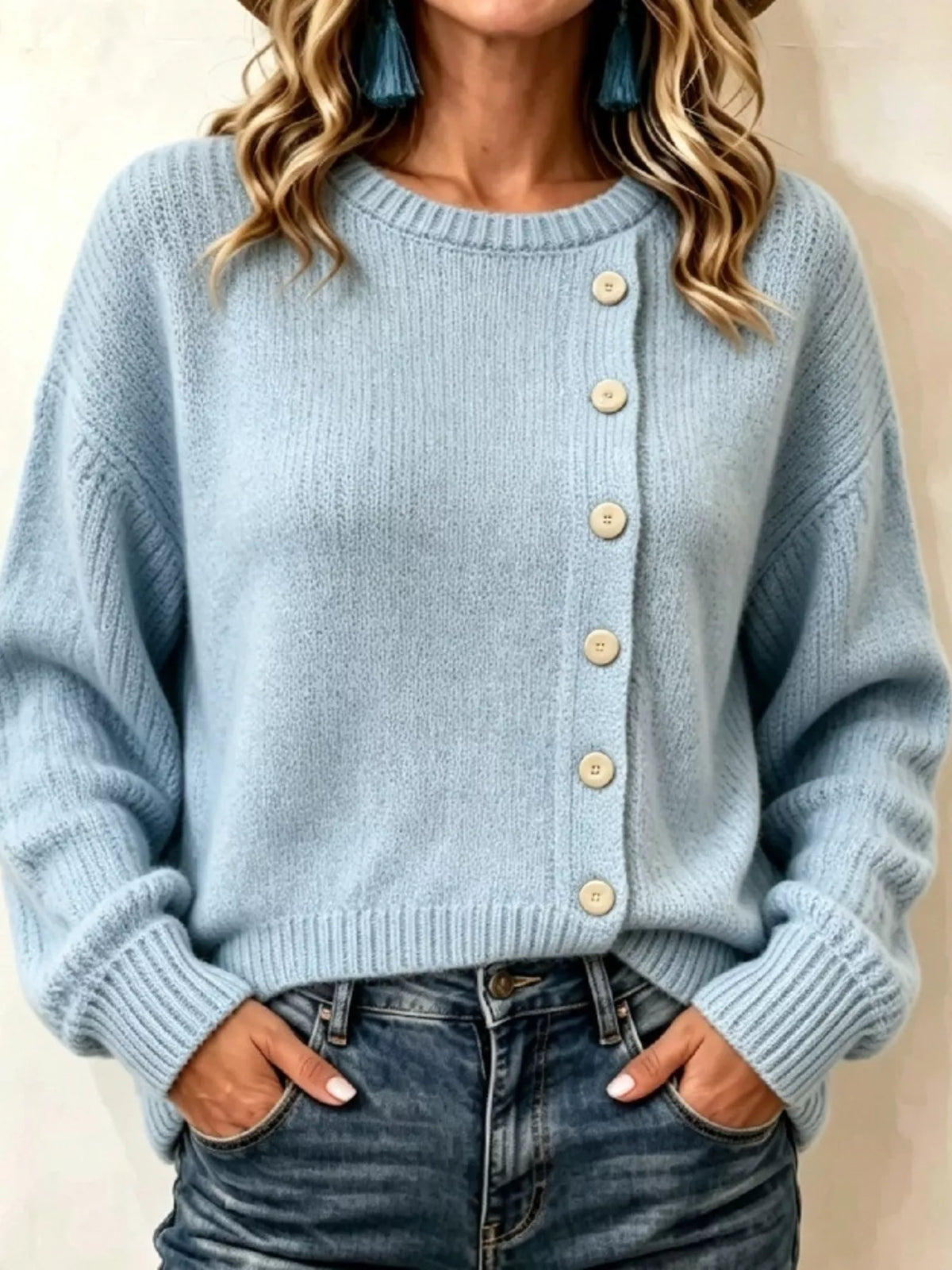 Women's Decorative Button Round Neck Sweater in light blue — front view