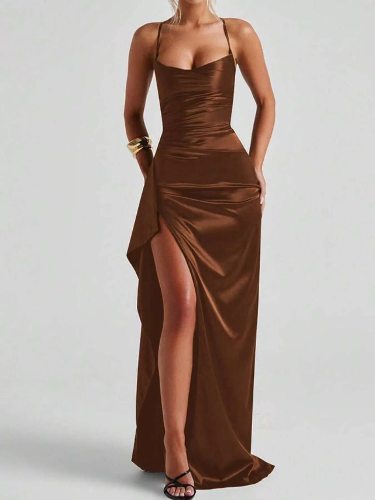 Brown satin ruched high slit maxi dress, front view