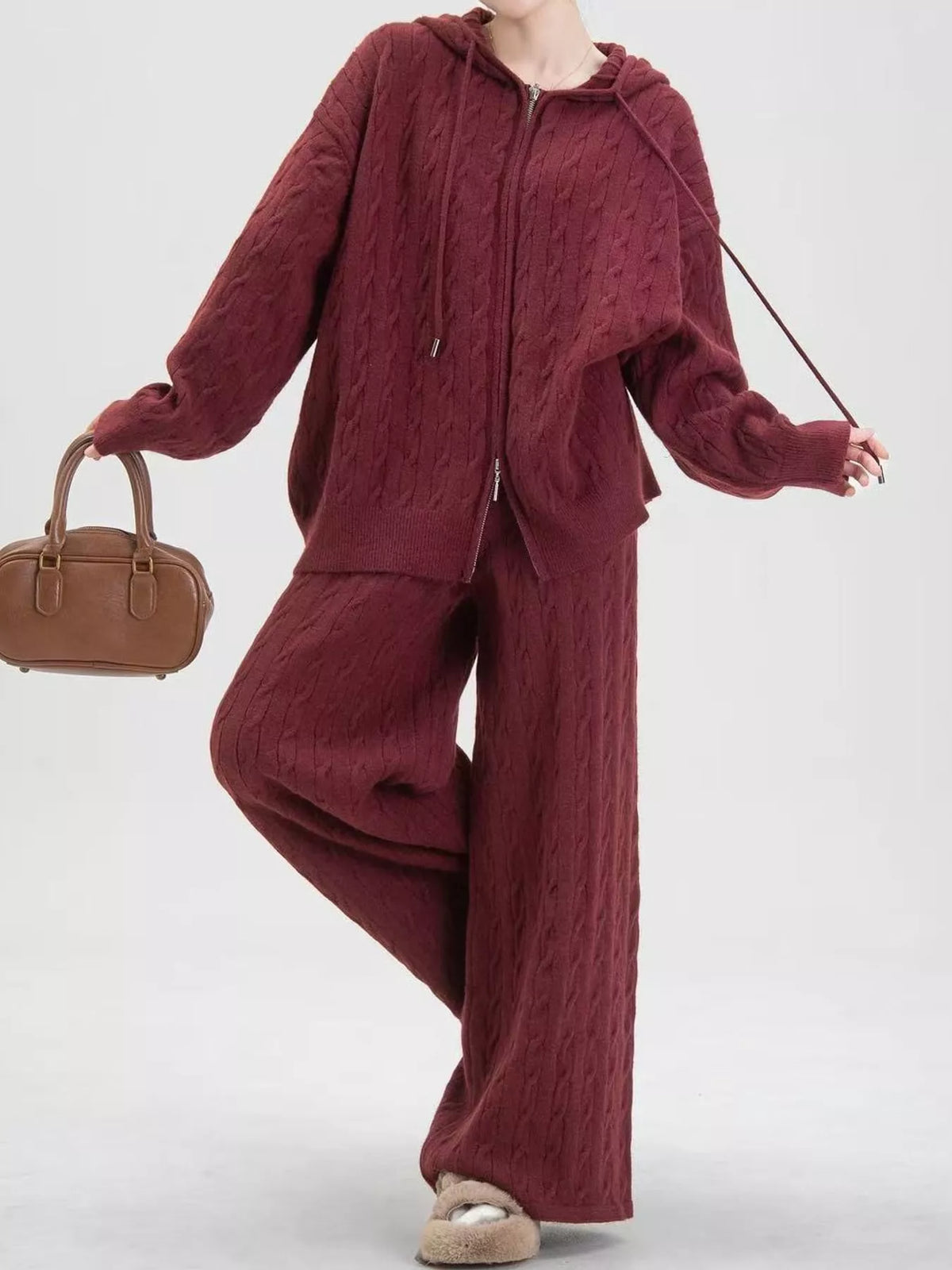Cable-knit cardigan and pants set, burgundy front