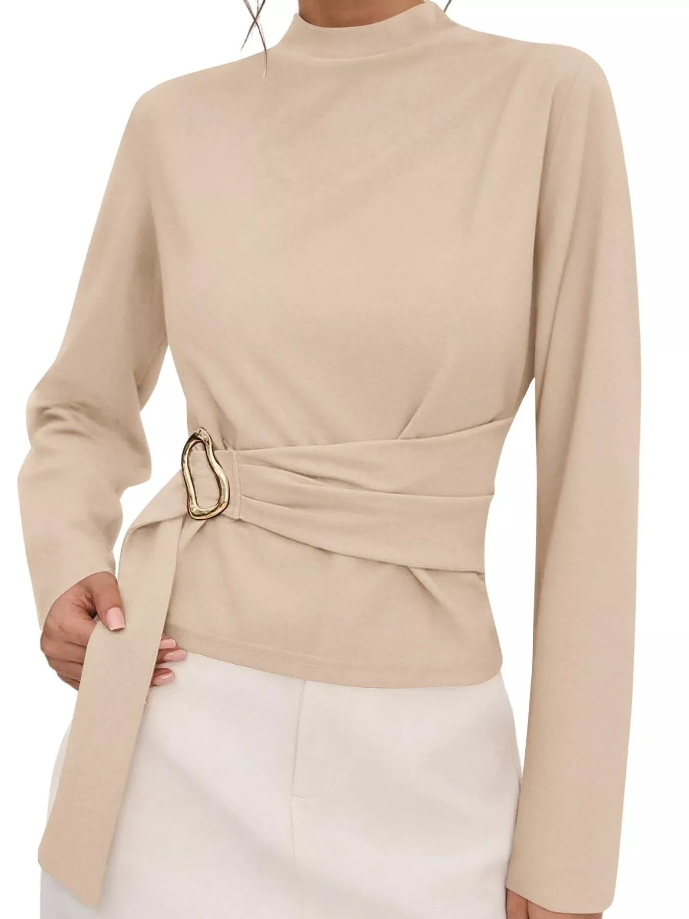 Trendsi Mock Neck Blouse with Waist-Defining Metal Buckle Detail -