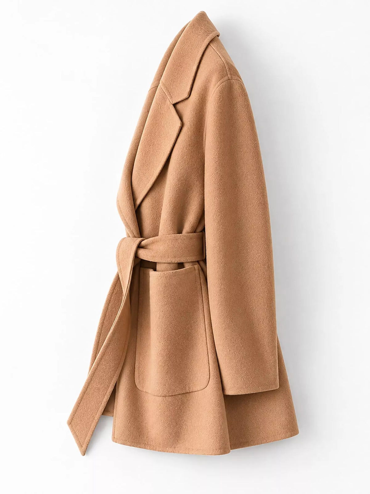 Camel belted double-sided wool coat, side view
