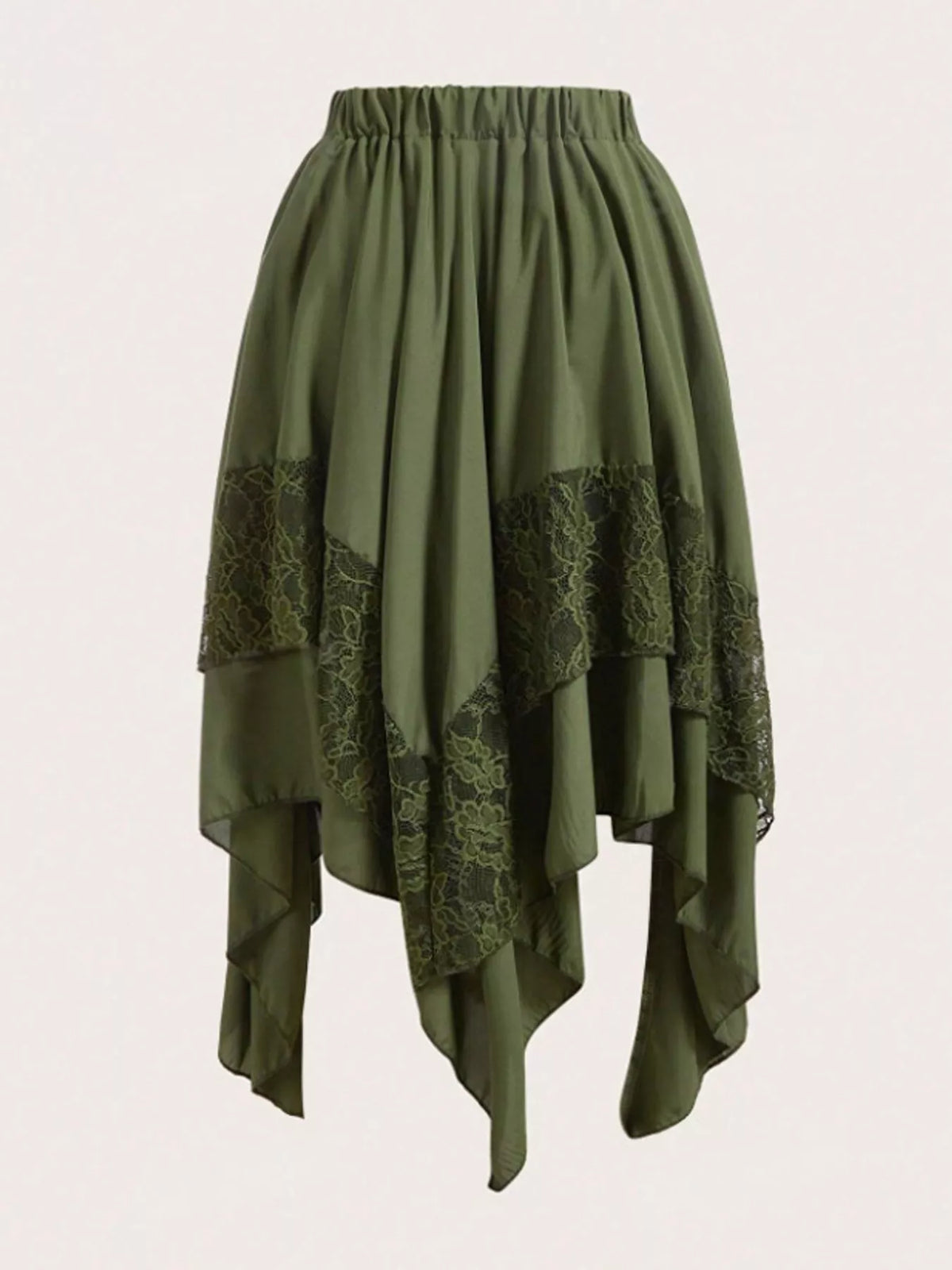 Asymmetric lace skirt, olive flat lay