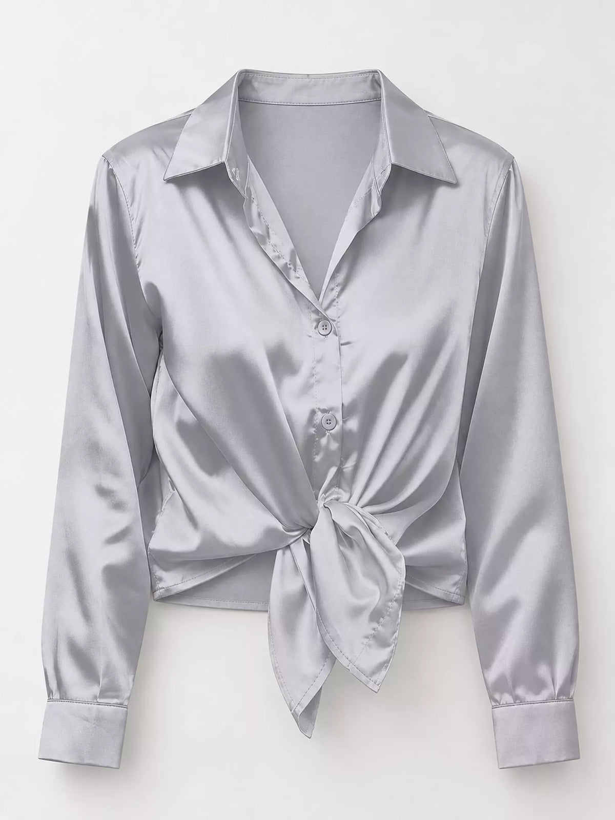 Gray satin button-down long sleeve shirt