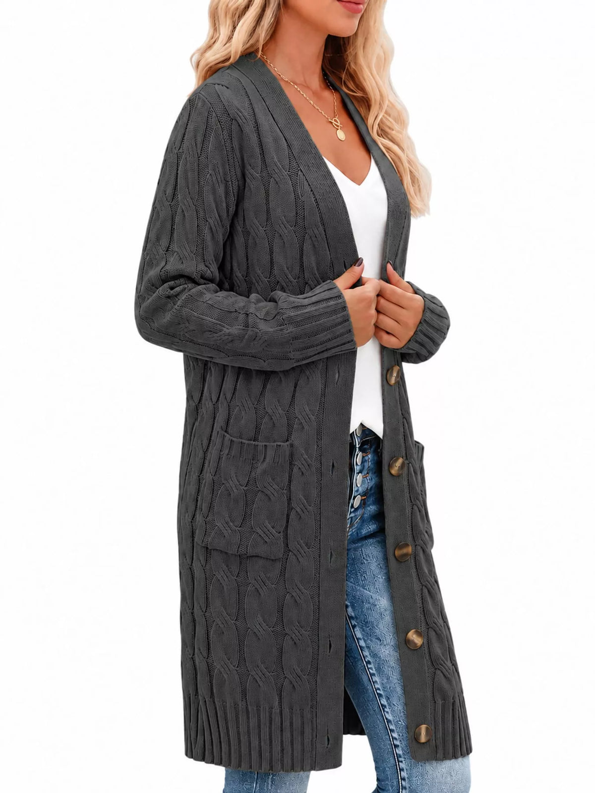 Cable Knit Button-Down Cardigan with Pockets — side view