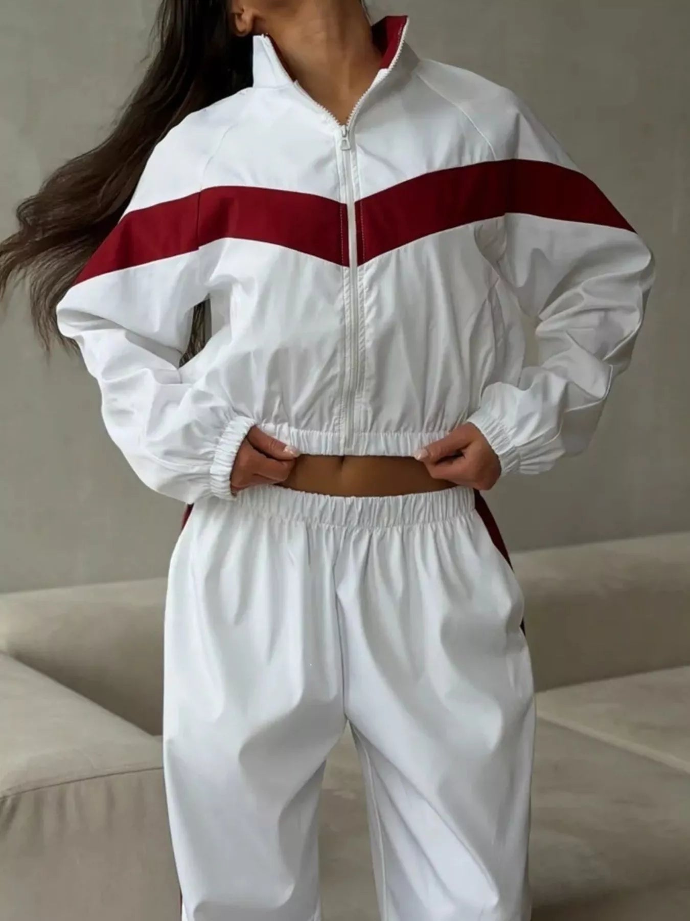 Trendsi Color Block Zip Up Outerwear and Pants Set -