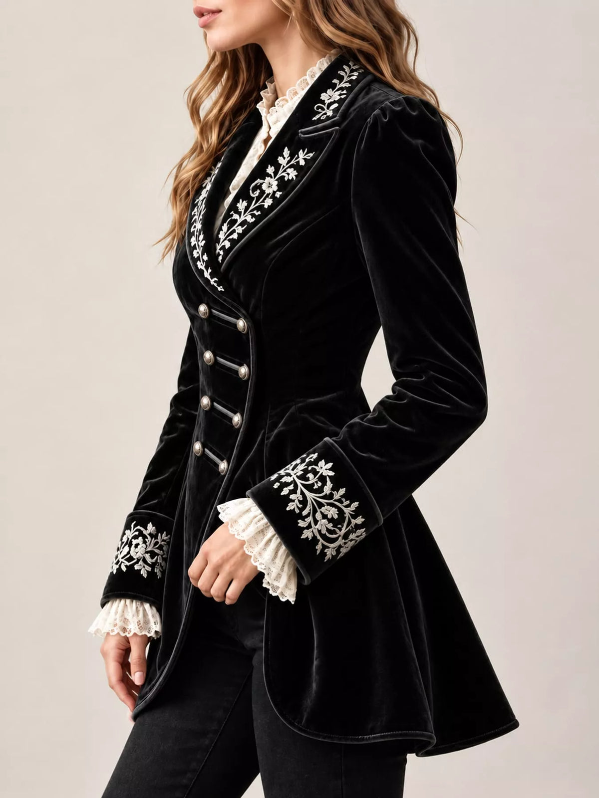 Black embroidered velvet peplum blazer — side view