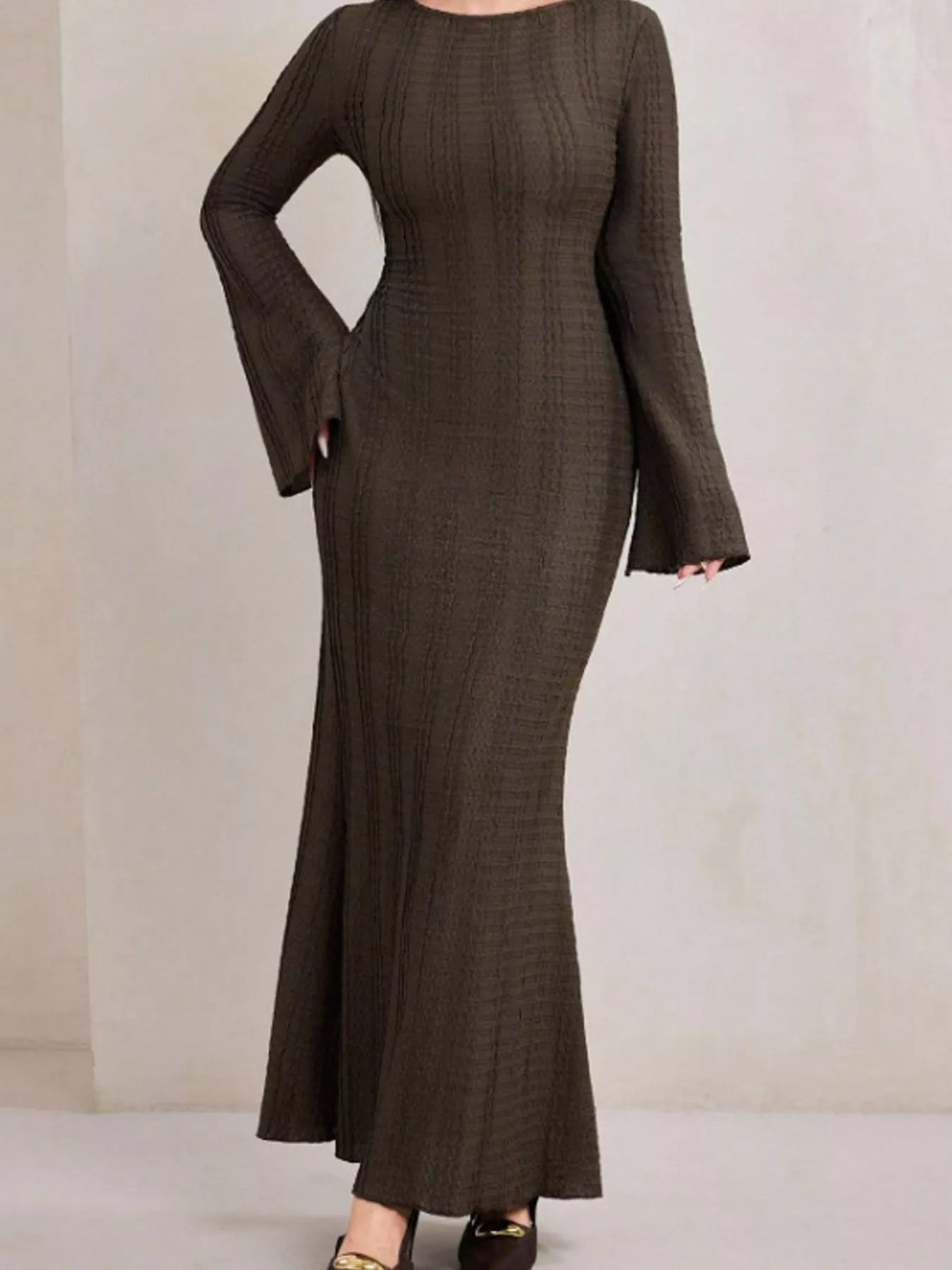 Textured Flare Sleeve Bodycon Maxi Dress in brown