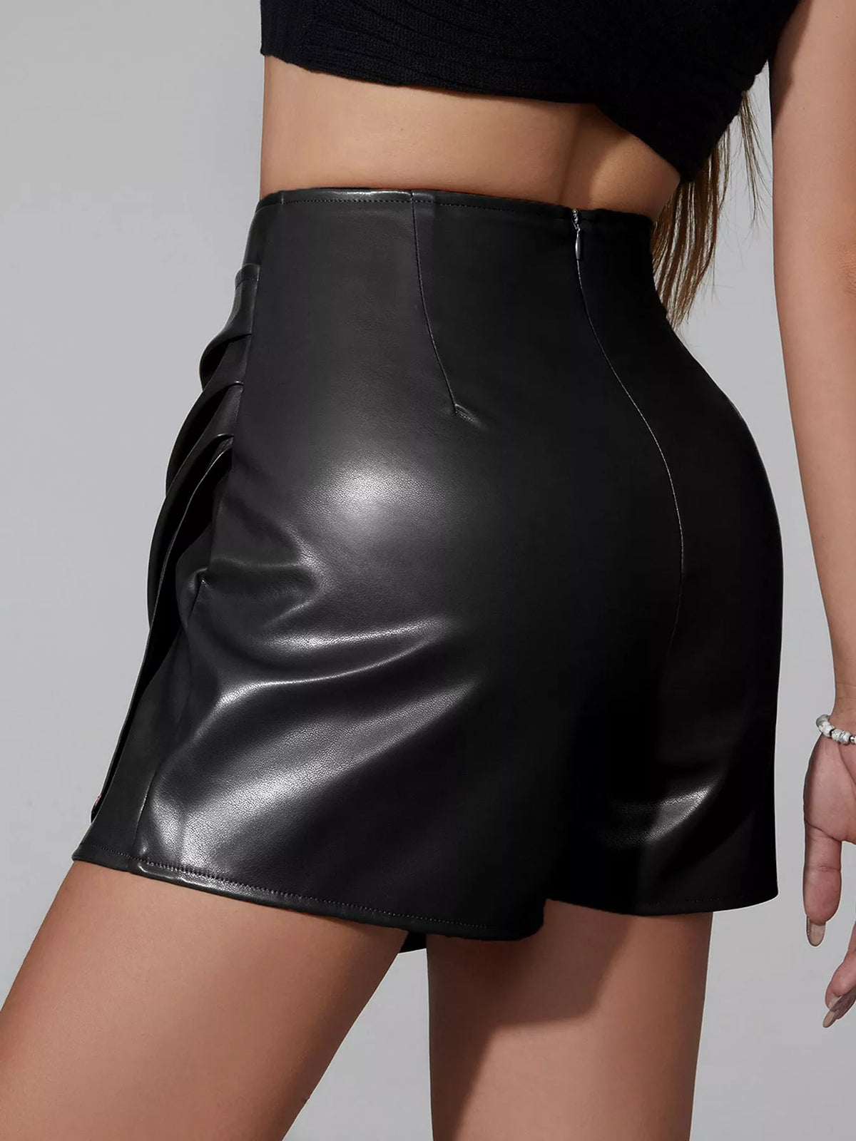 High-Waisted Ruched Faux Leather Skort — back view