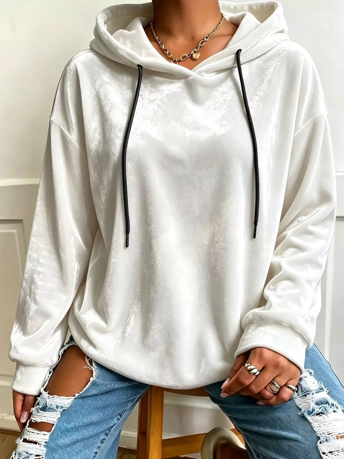 White velvet drawstring hoodie