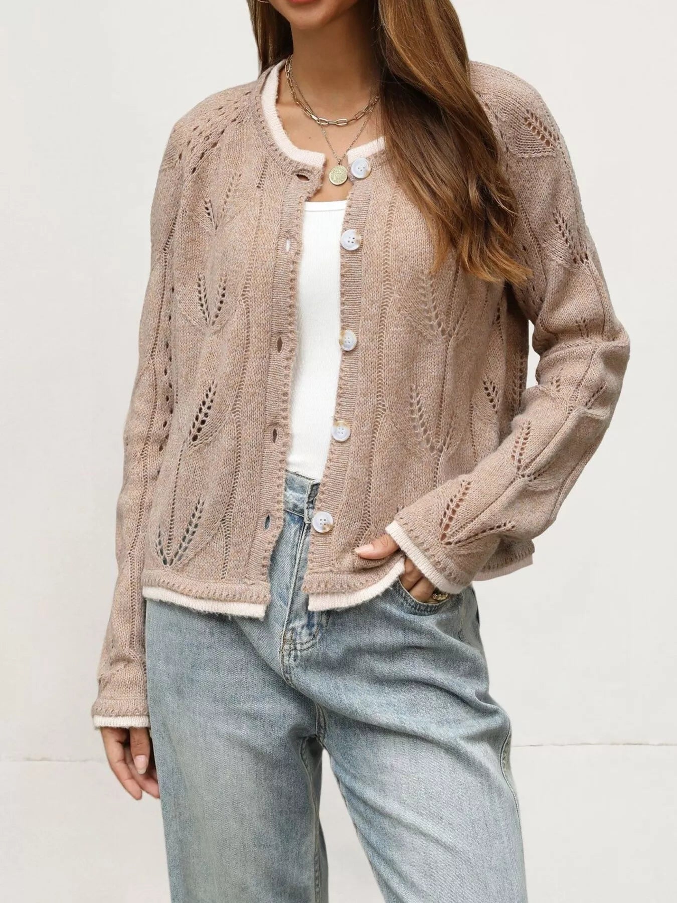 Trendsi Hollow-Out Knit Button-Down Cardigan -