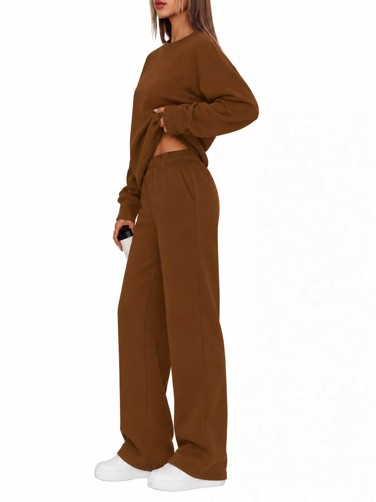 Crewneck Drop Shoulder Sweatshirt and Wide-Leg Pants Set — side view