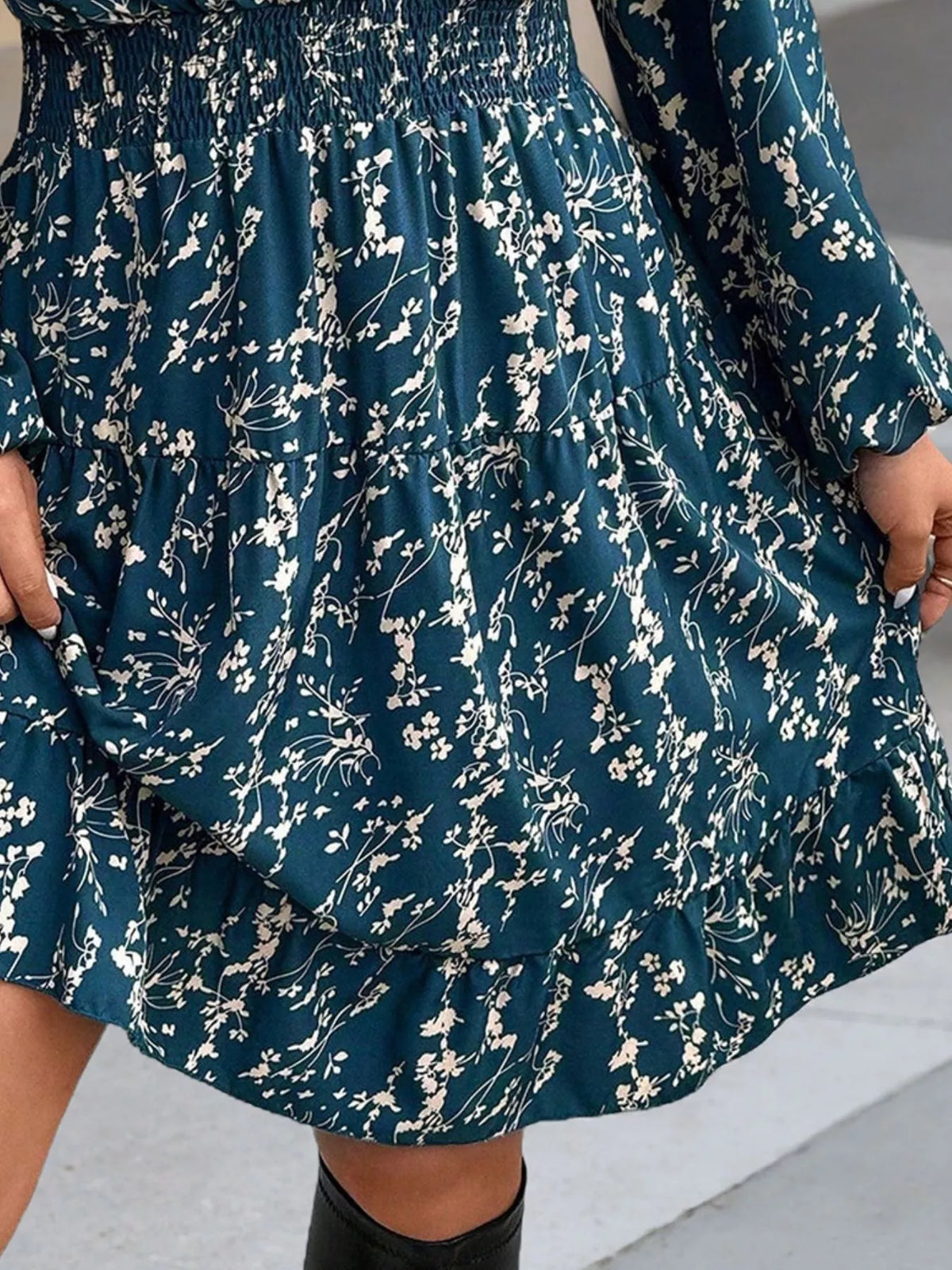 Floral Print Smocked Waist Mini Dress in teal, construction detail