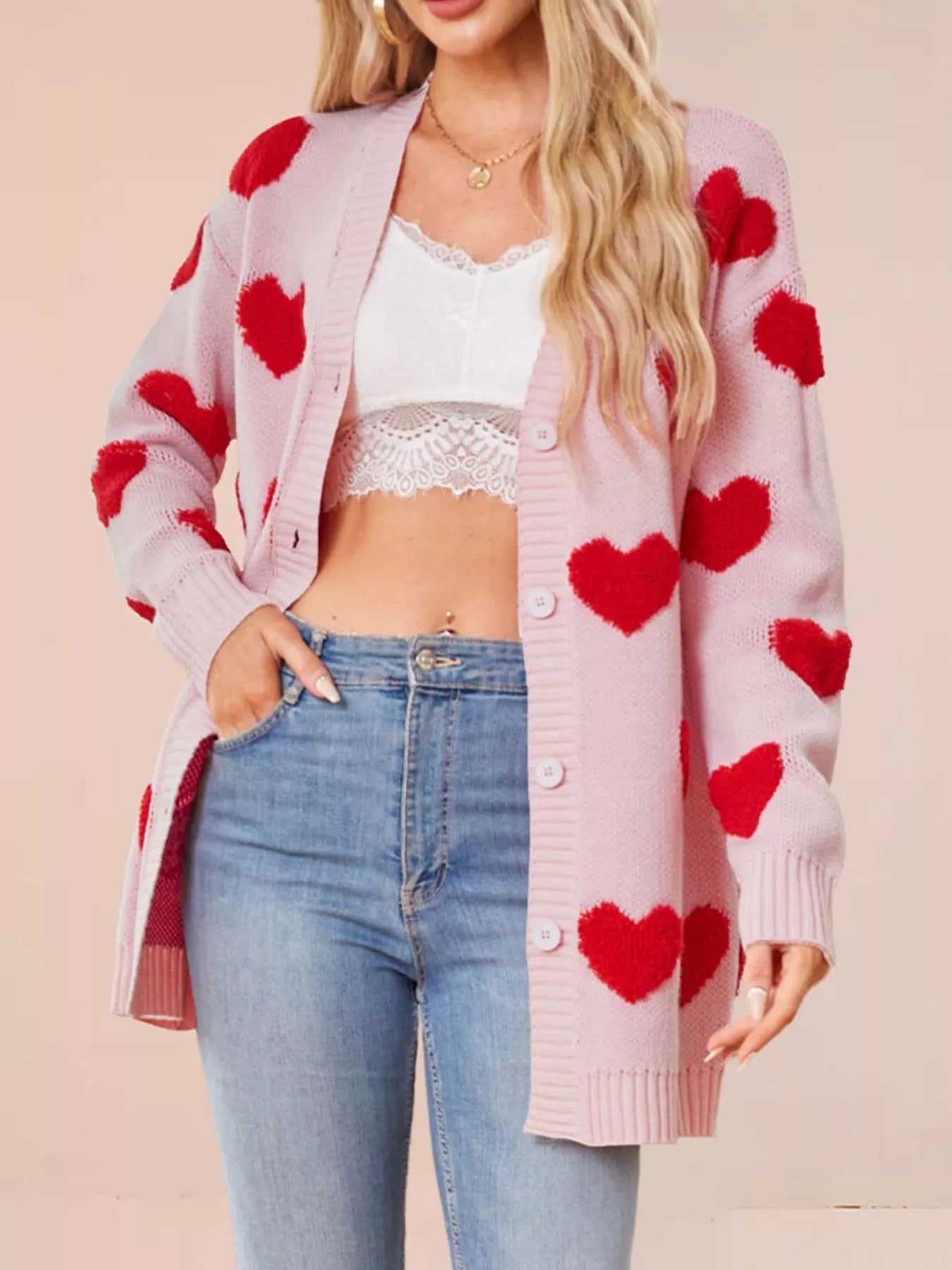 Trendsi Heart Pattern V-Neck Button-Down Knit Cardigan -