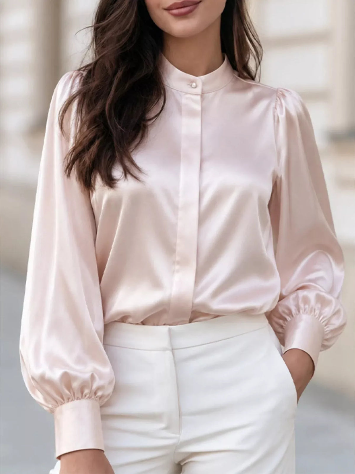 Beige satin long sleeve shirt