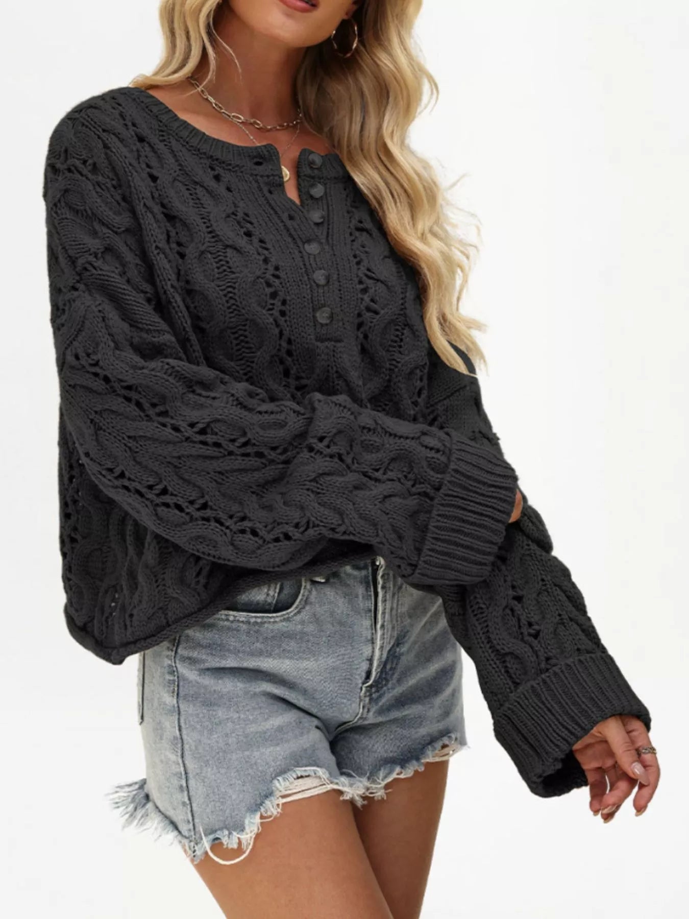 Trendsi Chic Cable Knit Half-Button Openwork Sweater -