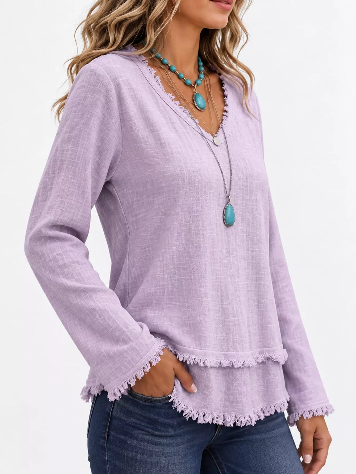 Frayed-hem blouse, lilac angled front