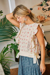 Trendsi BiBi Flower Printed Ruffle Sleeve Trim Detail Top -